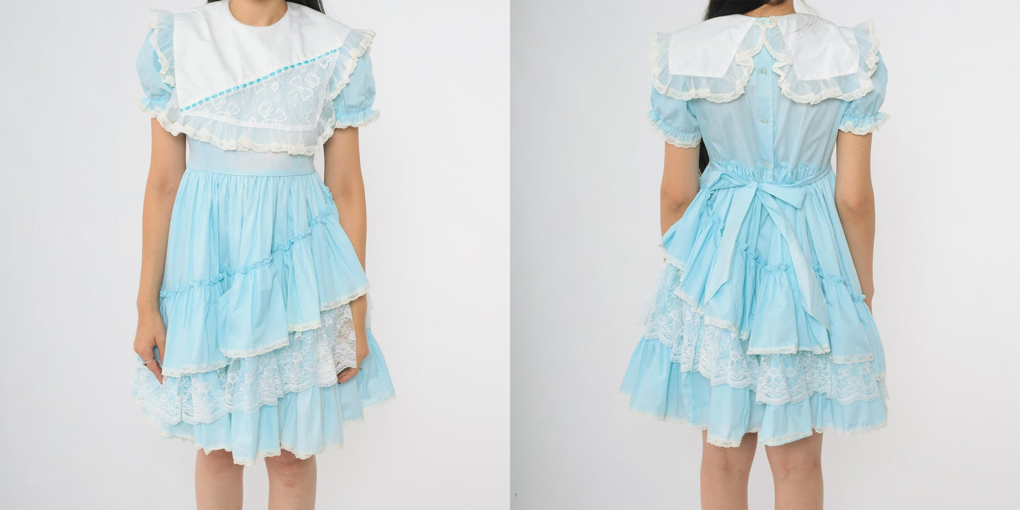 80s Allison Daley Light Blue Ruffle Dress Puff Sleeves Lace Trim Extra Small