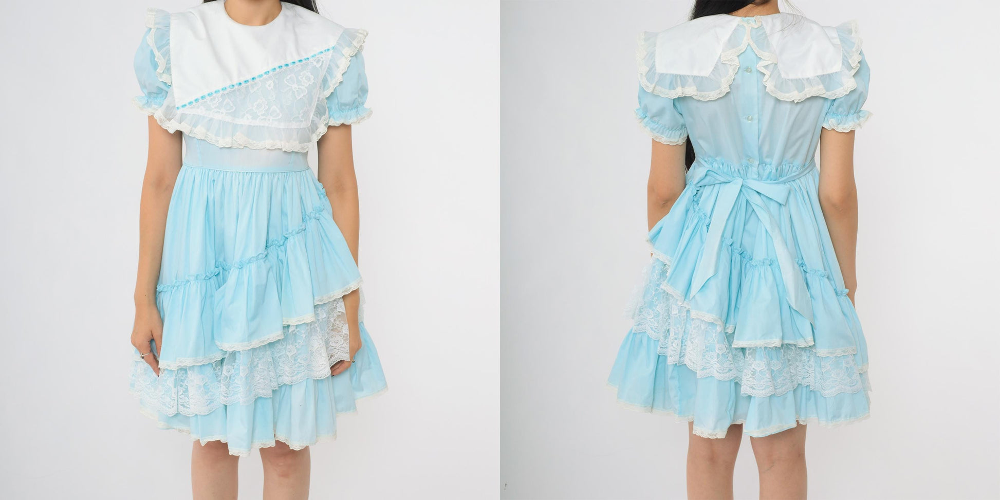 80s Allison Daley Light Blue Ruffle Dress Puff Sleeves Lace Trim Extra Small
