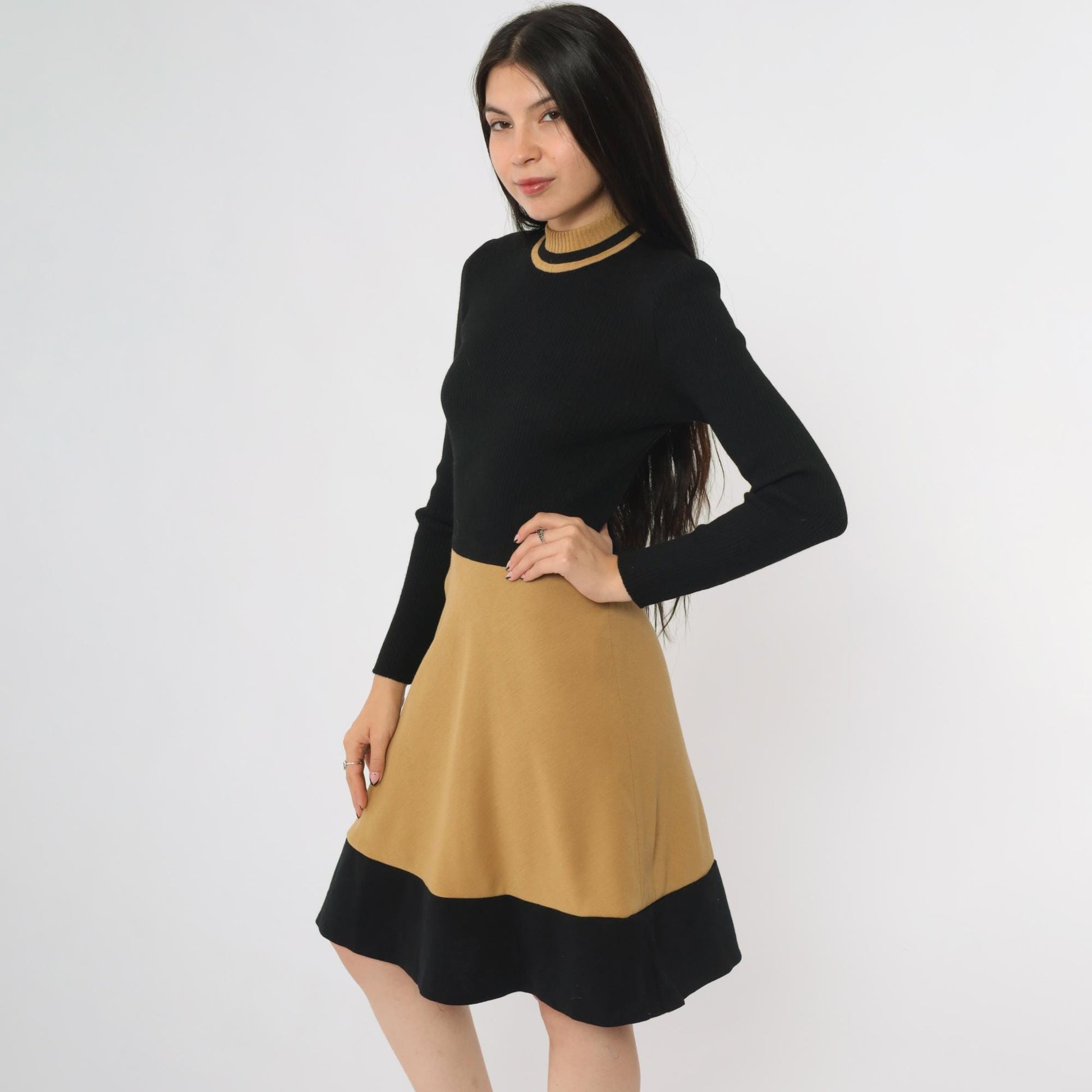 70s Camp Crations Wool Color Block Turtleneck Midi Dress Brown Black Small