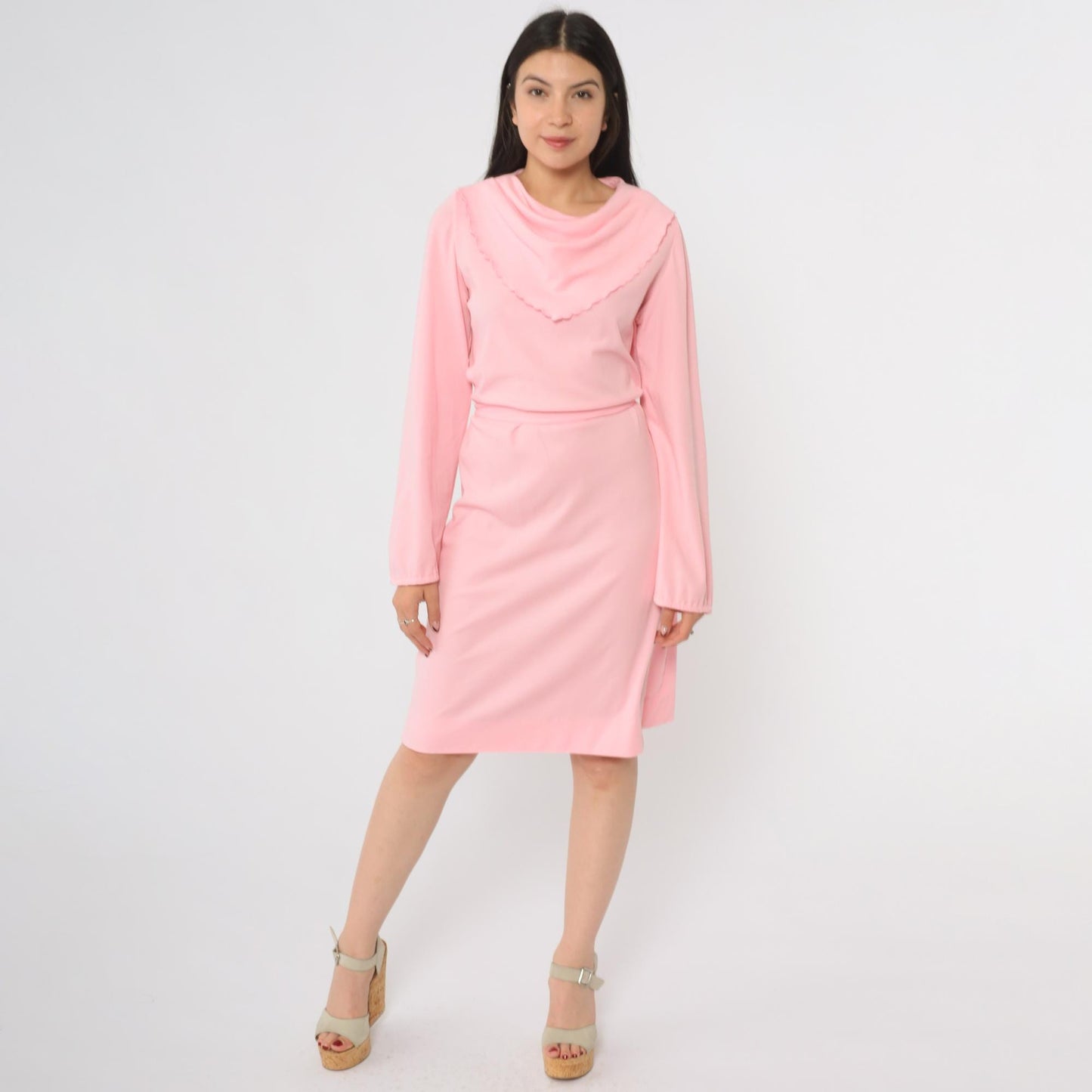 70s Kay Windsor Pink Cowl Neck Midi Dress Scallop Collar Medium M