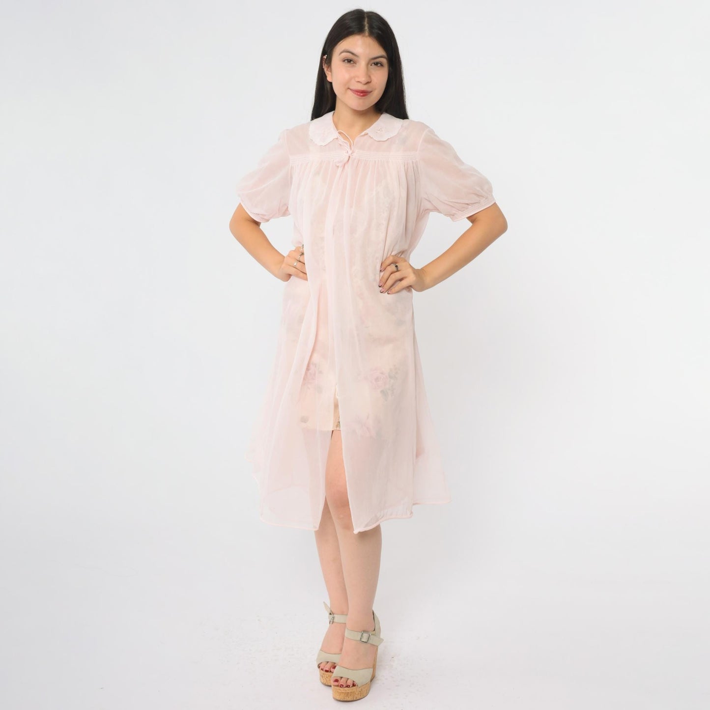 70s Pink Nylon Nightgown Peter Pan Collar Tie Front Midi Medium Large