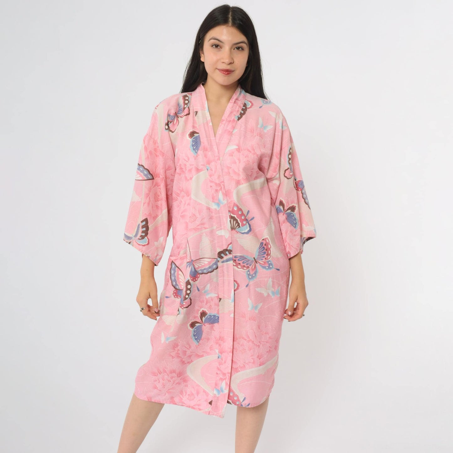 80s Pink Butterfly Peony Floral Cotton Kimono Robe Wrap Belt Tie Small