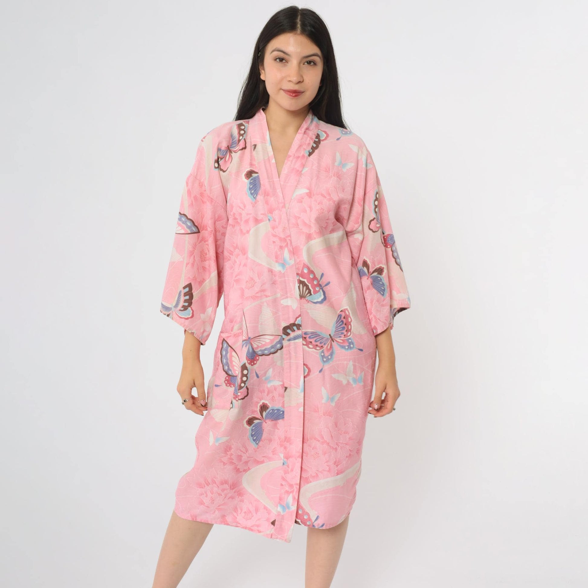 80s Pink Butterfly Peony Floral Cotton Kimono Robe Wrap Belt Tie Small
