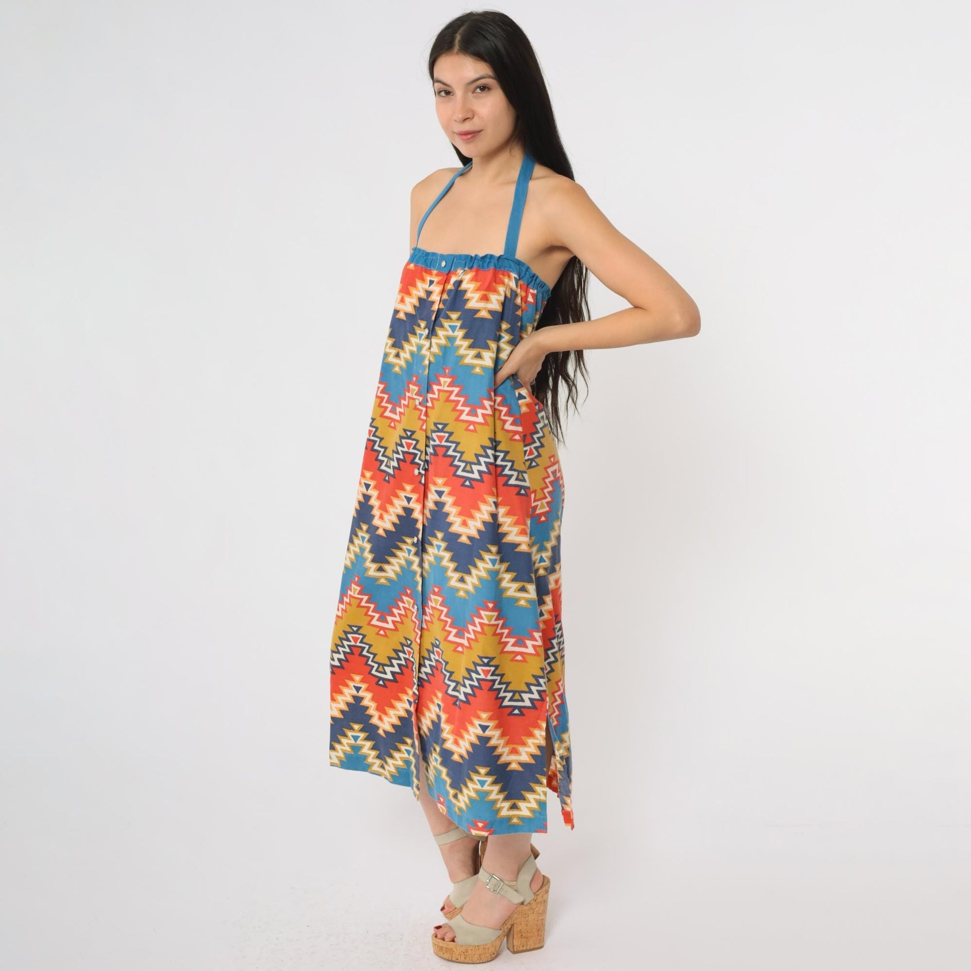 70s Geometric Southwest Halter Midi Dress Cotton Diamond Zigzag Small S