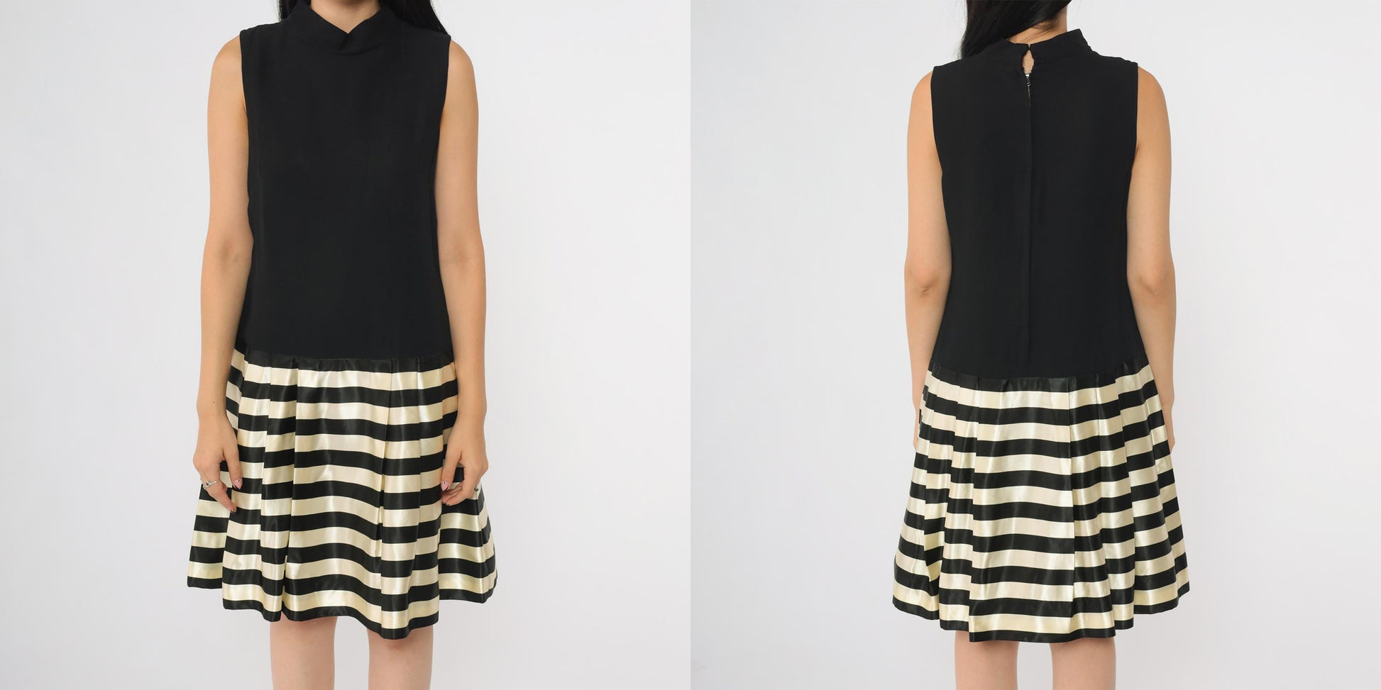 60s Black White Striped Mock Turtleneck Mini Dress Drop Waist A-Line Small