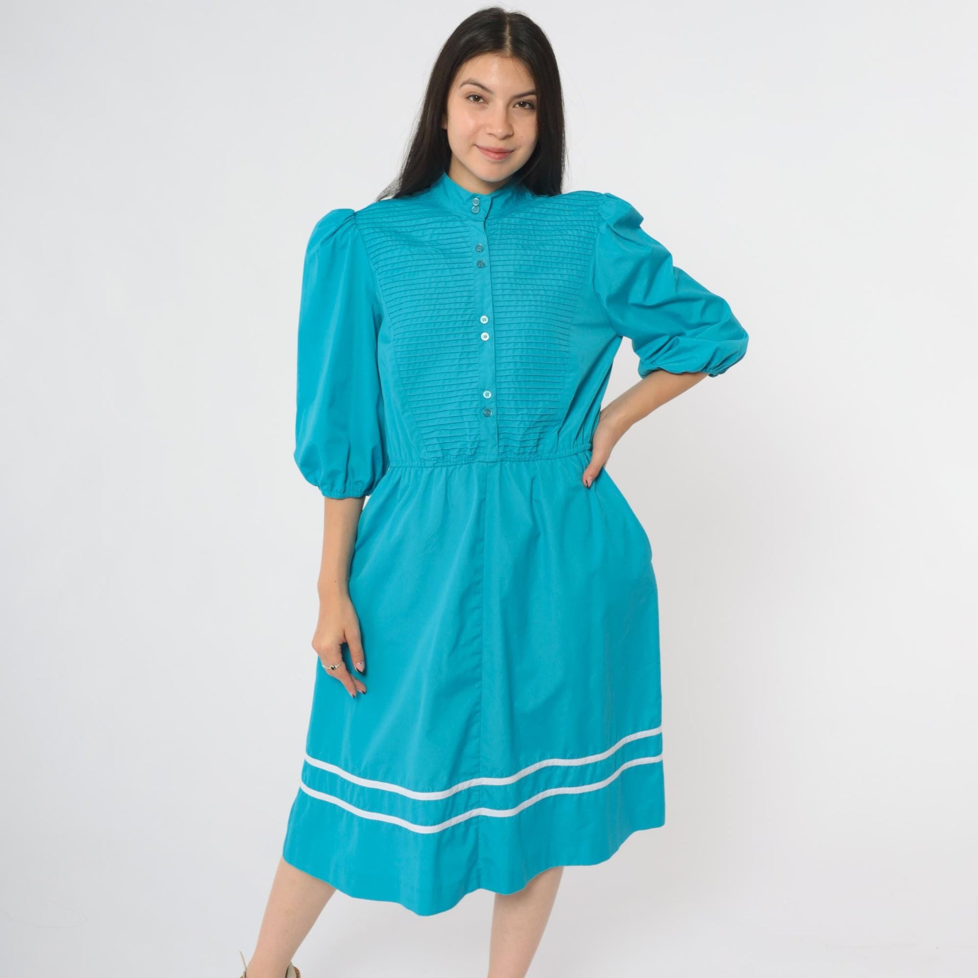 80s Turquoise Midi Dress Puff Sleeve Button Front Pintuck Bodice Medium