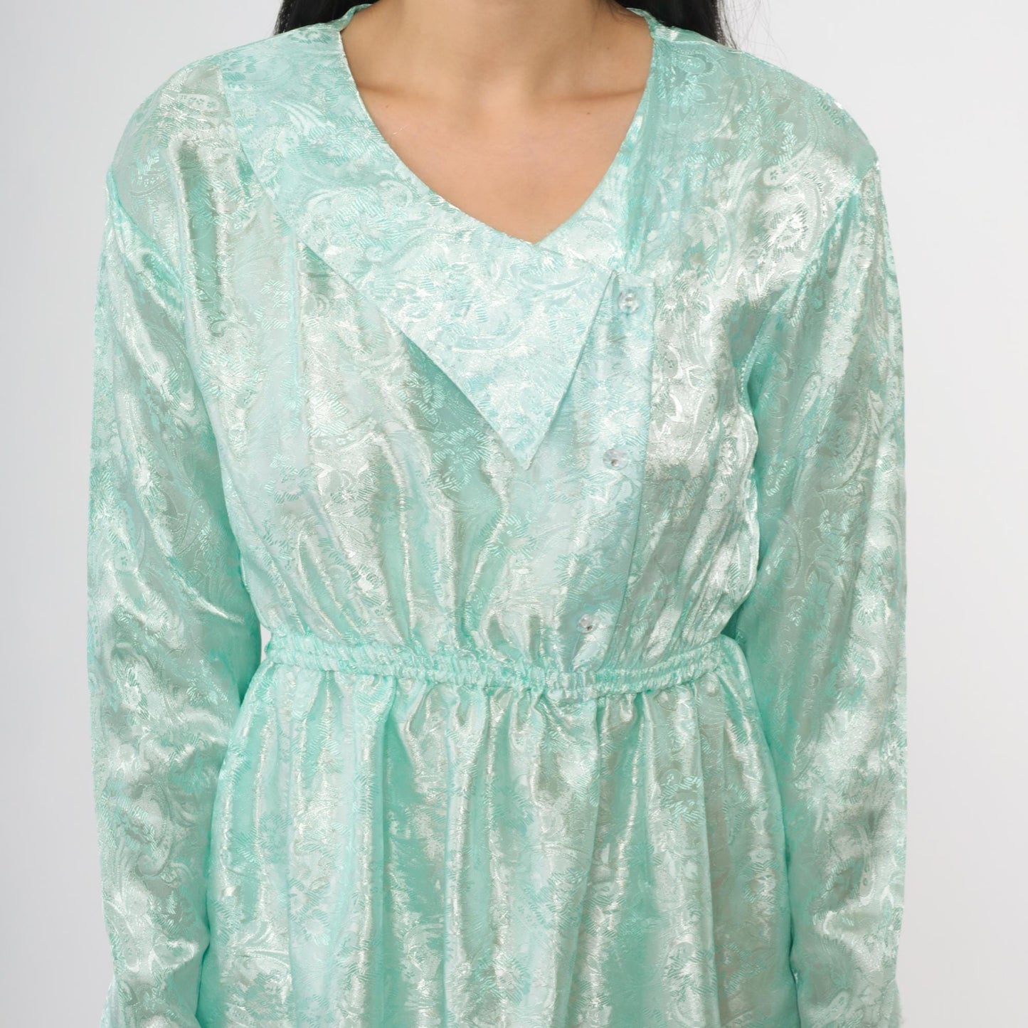 80s Mint Green Satin V-Neck Dress Long Sleeve Bow Detail Small
