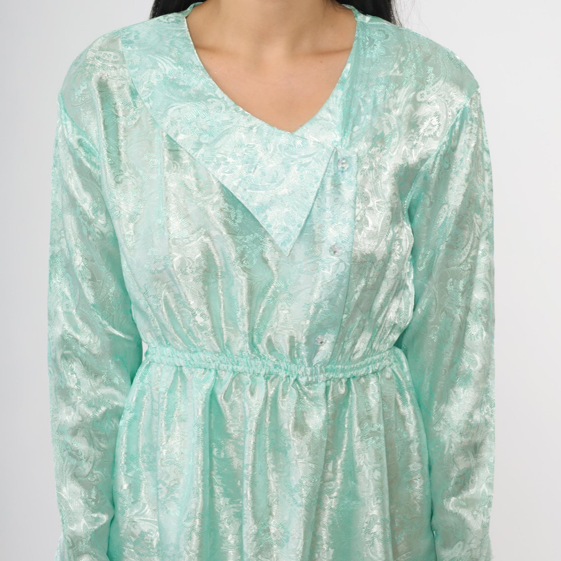 80s Mint Green Satin V-Neck Dress Long Sleeve Bow Detail Small