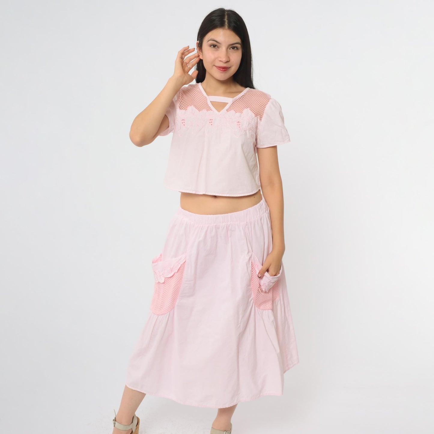 90s Stoplight Pink Cotton Two Piece Set Crop Top Midi Skirt Small