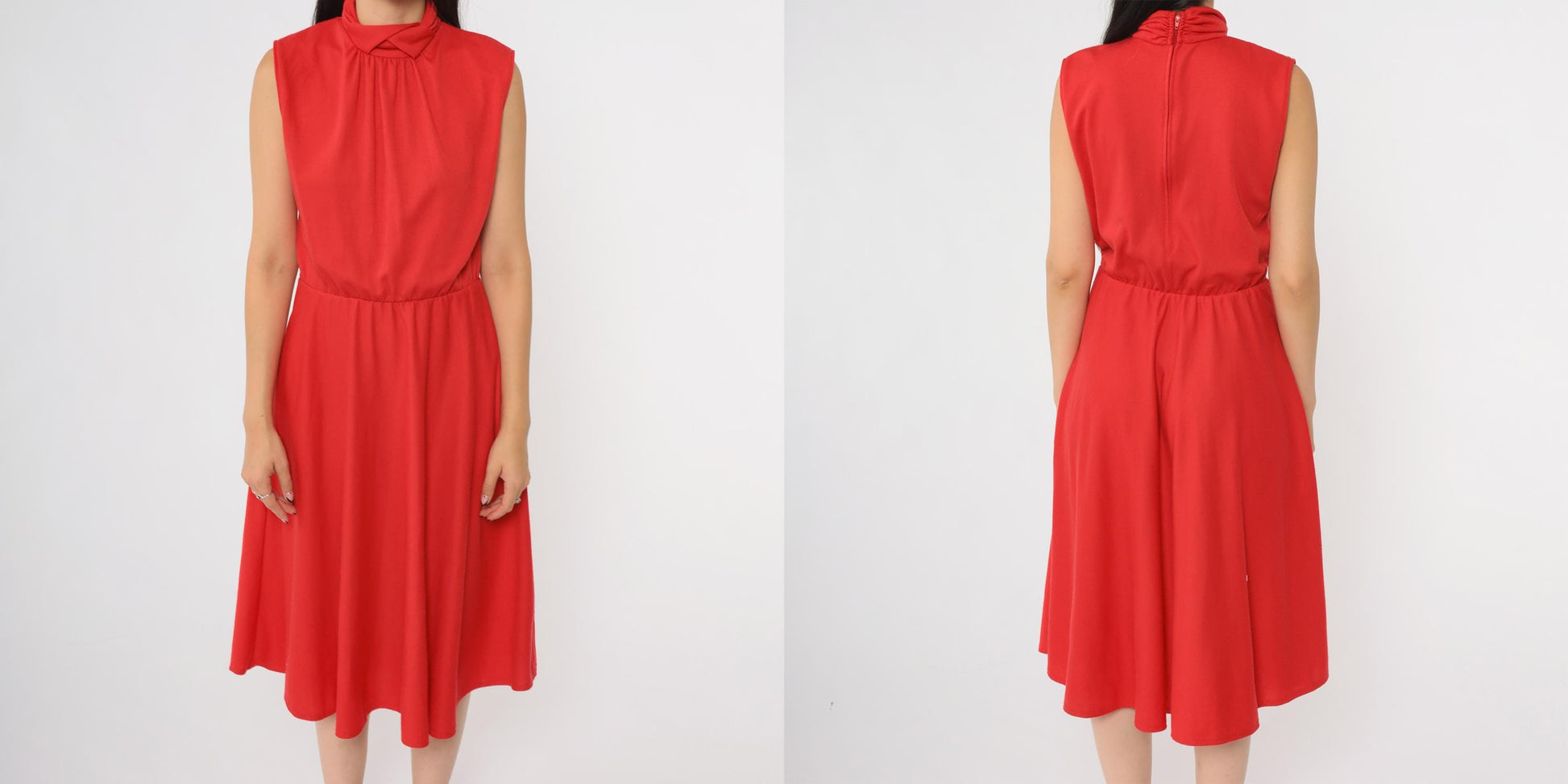 80s Impromptu Red Sleeveless Midi Dress Elastic Waist Collar Small