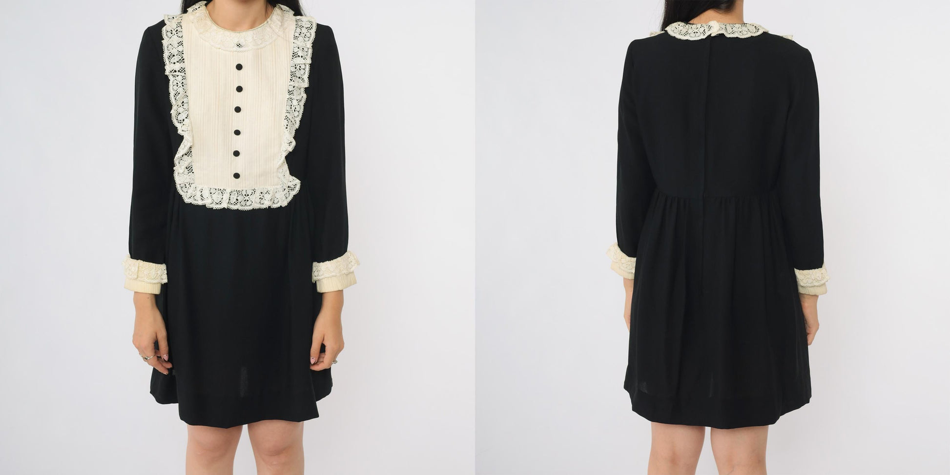 60s Black Babydoll Mini Dress White Lace Bib Long Sleeve Medium