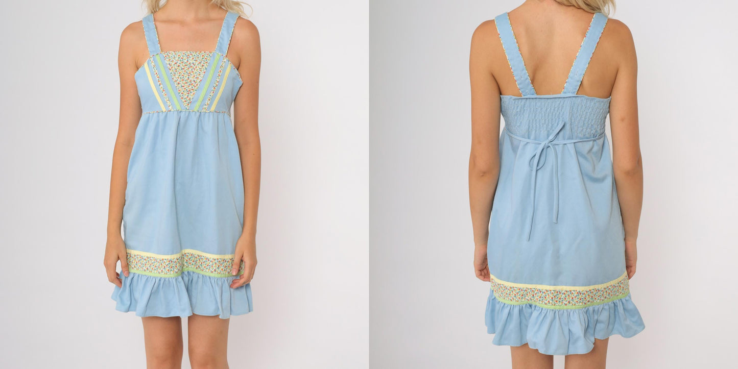 70s Cinderella Blue Floral Sundress Empire Waist Mini Dress Small