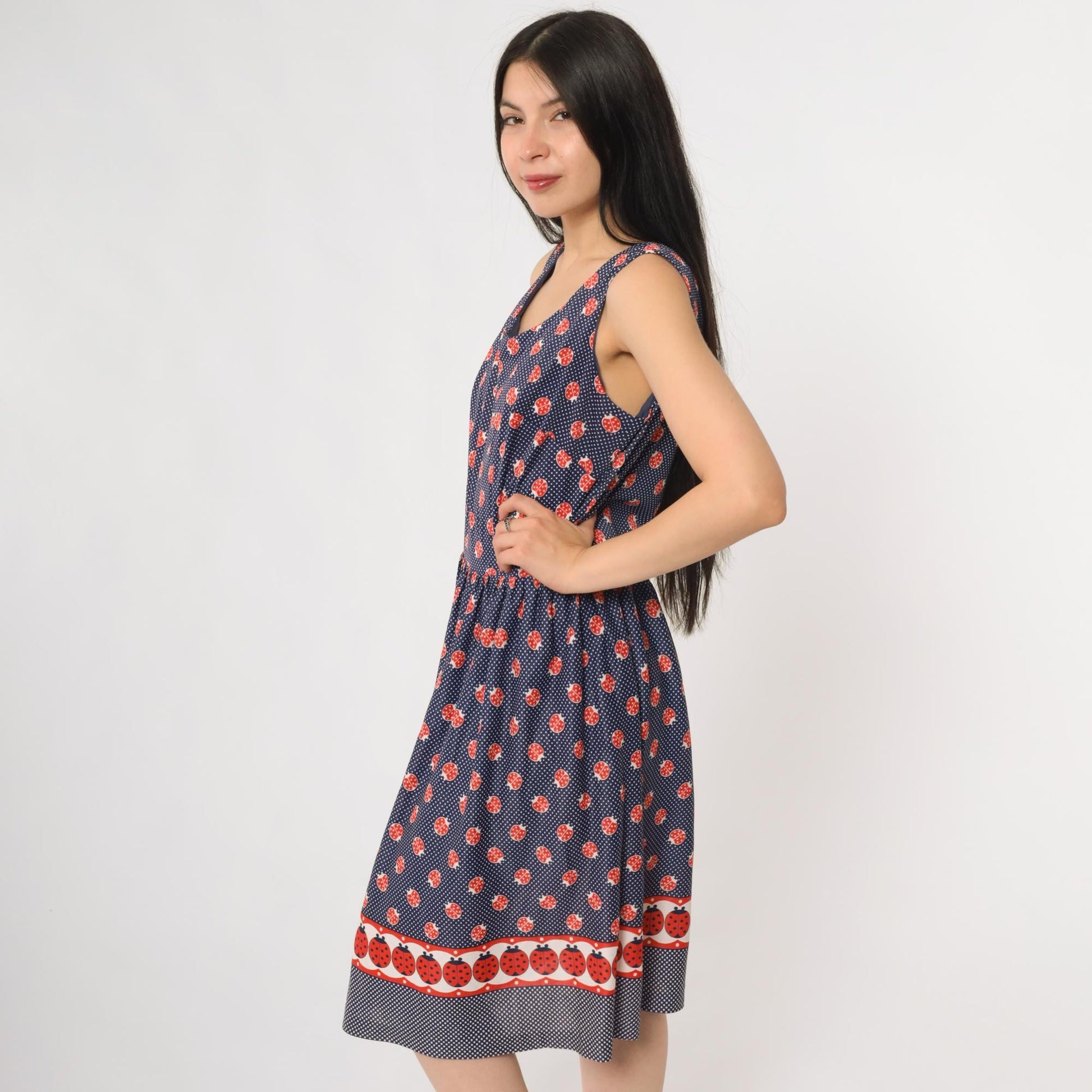 60s Navy Ladybug Polka Dot A-Line Dress Sleeveless Scoop Neck Medium
