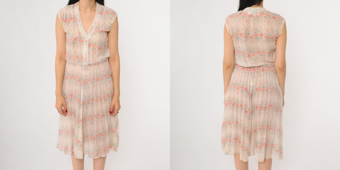 70s Cream Floral Prairie Dress Sleeveless V-Neck Midi Lace Trim Small