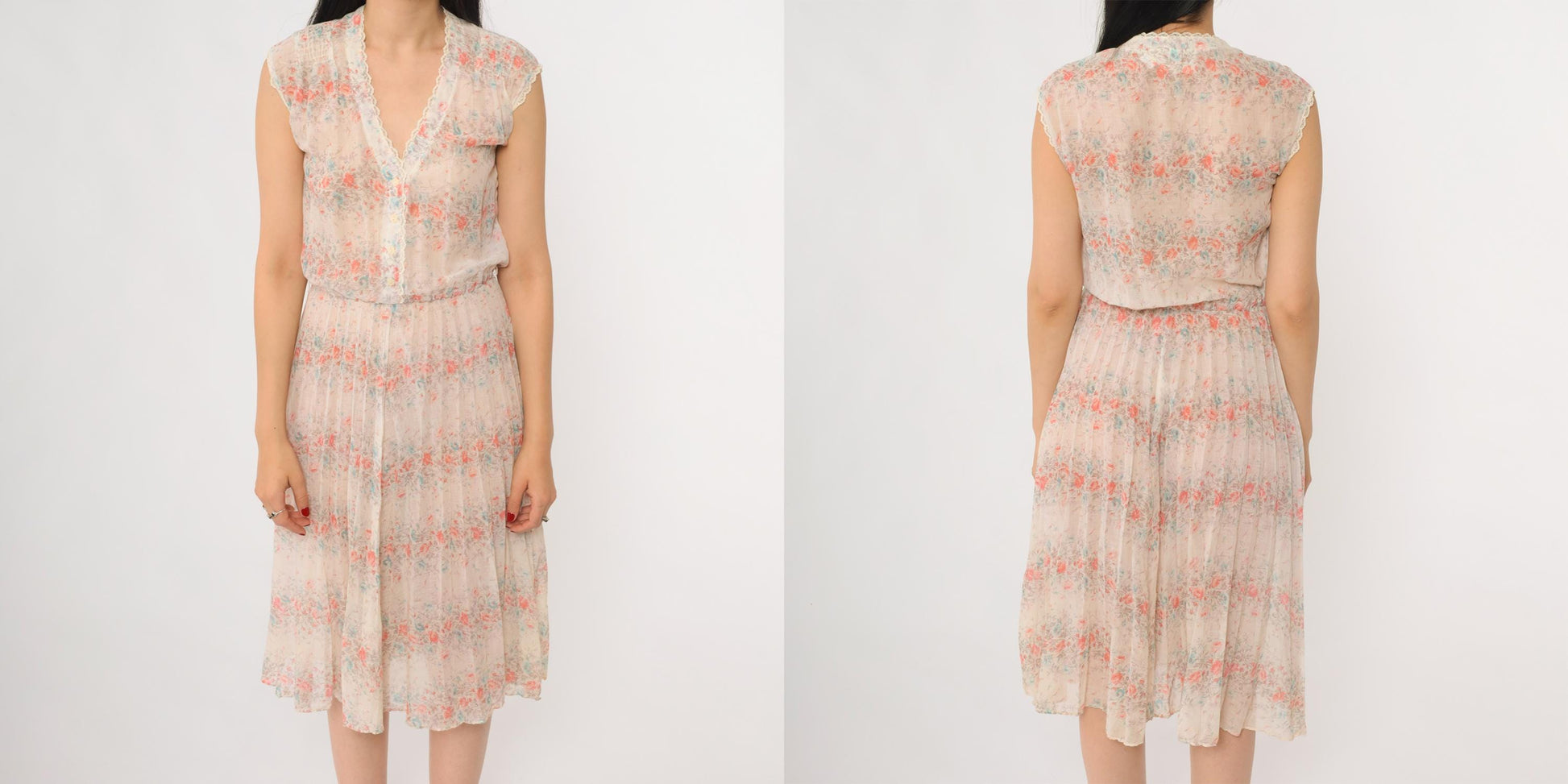 70s Cream Floral Prairie Dress Sleeveless V-Neck Midi Lace Trim Small