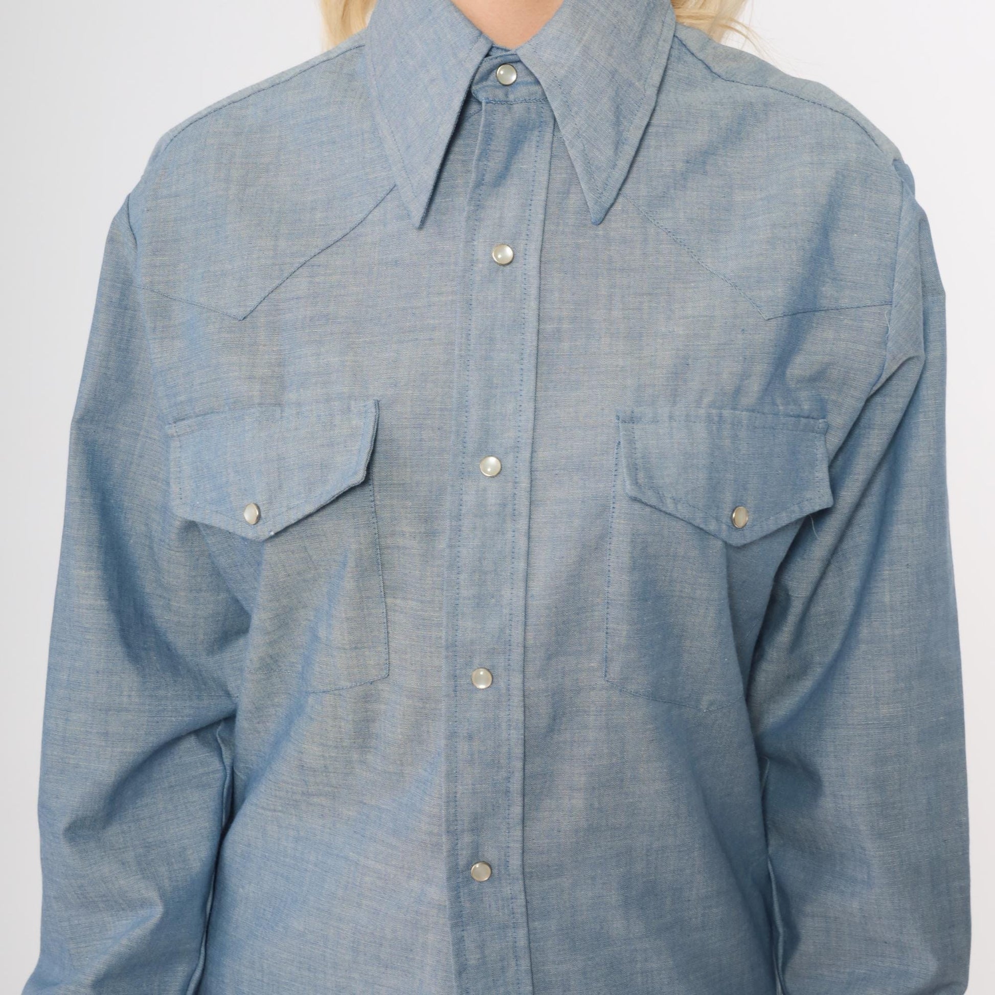 70s Continental Casuals Western Chambray Shirt Blue Pearl Snap Small