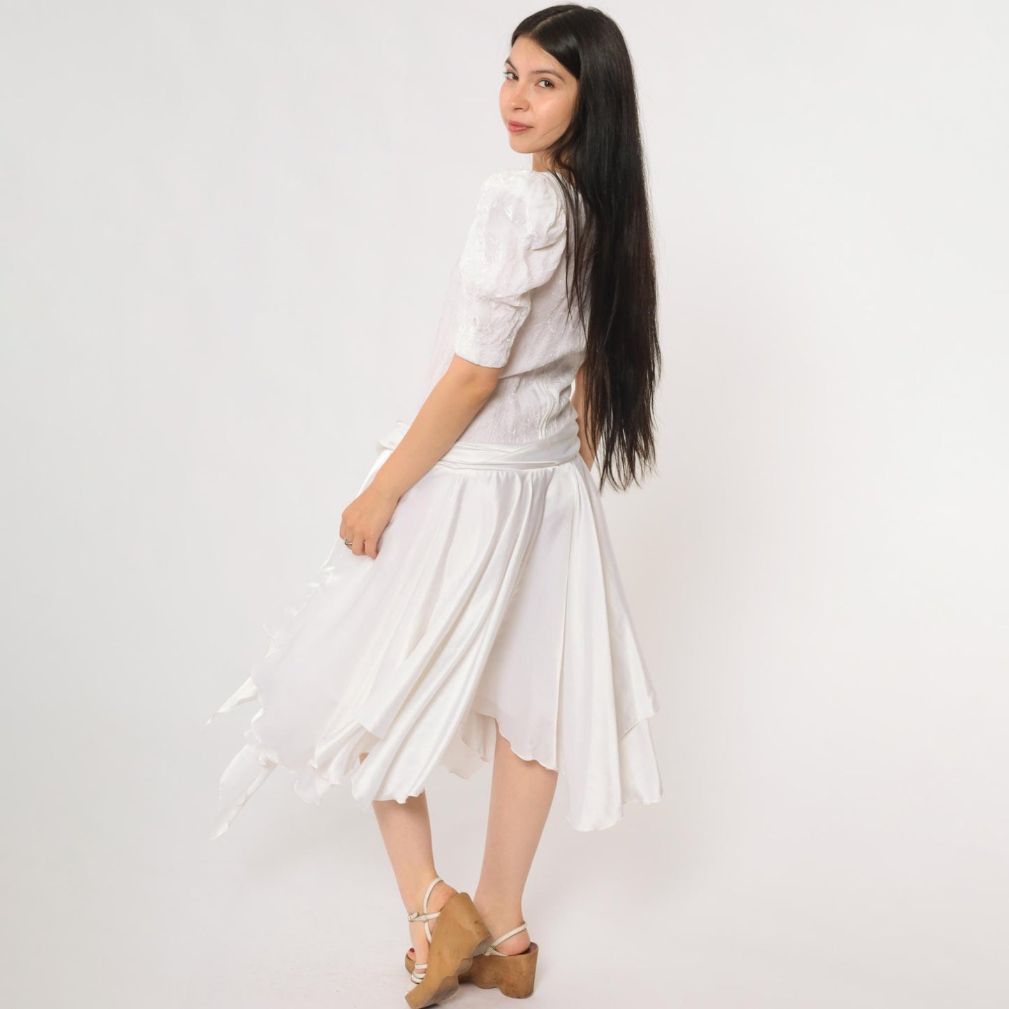 80s White Puff Sleeve Dress Square Neck Wrap Bodice Handkerchief Hem Extra Small XS