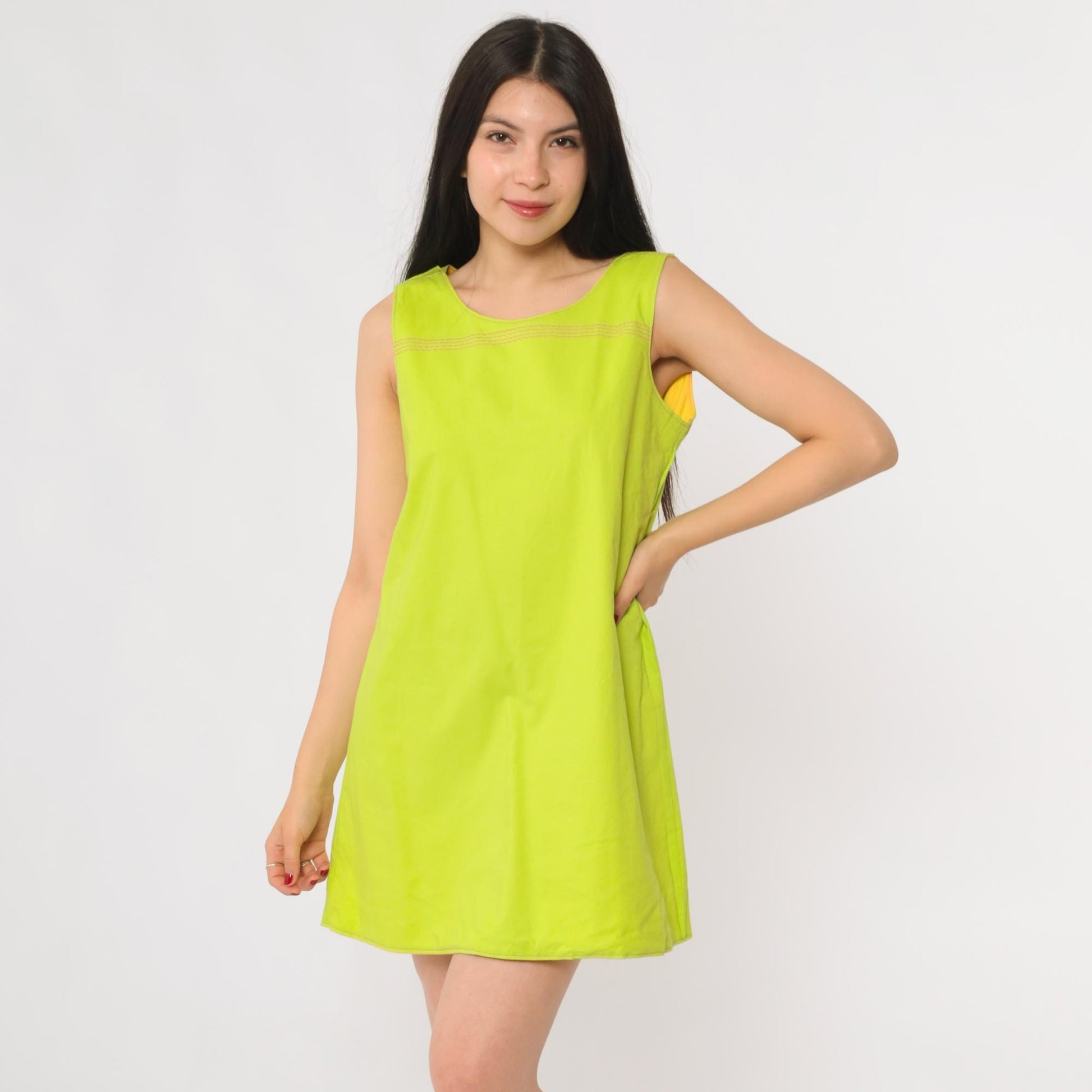 70s Reversible Mod Mini Dress Yellow Pink Green Colorblock A-Line Small