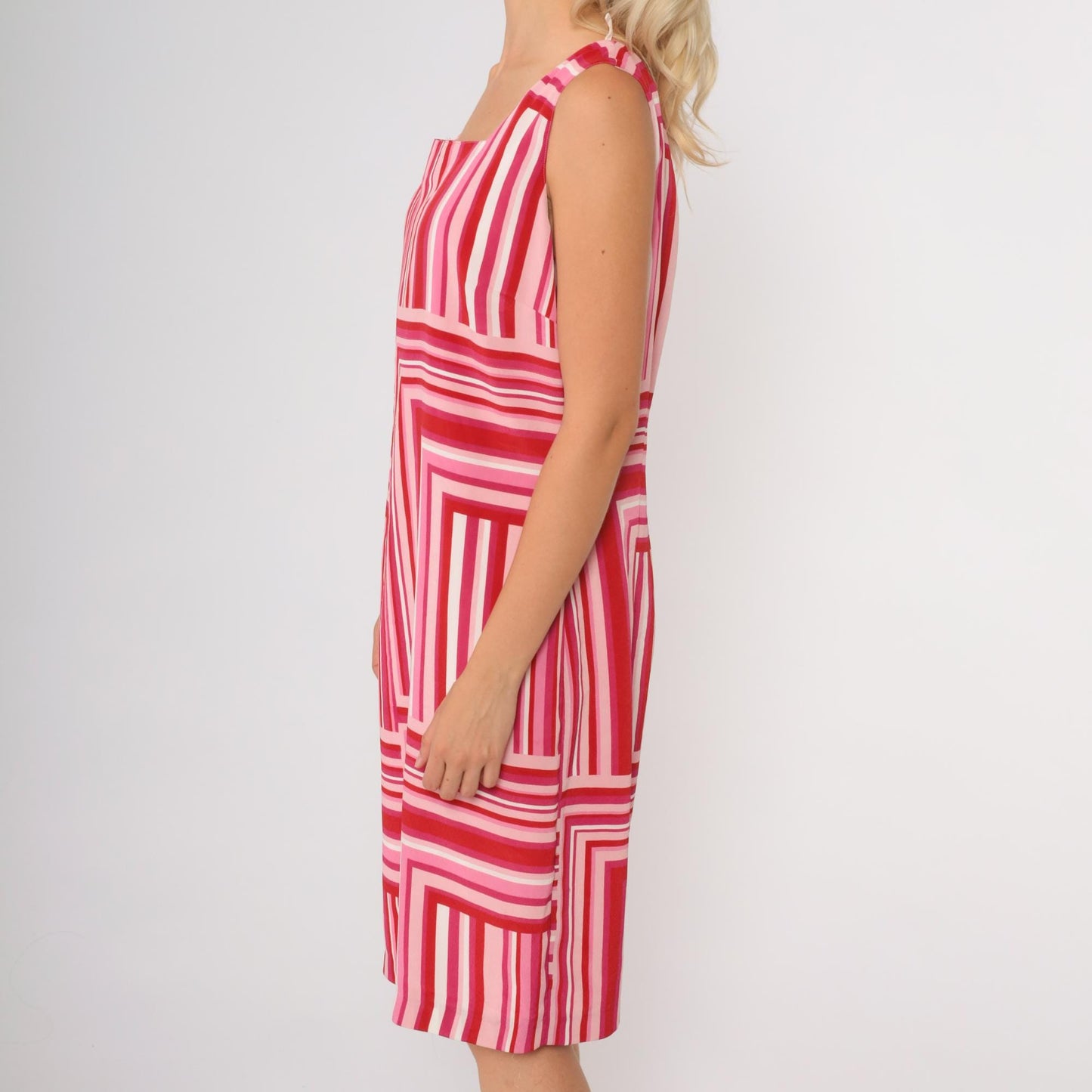 Y2K Easy Pieces New York Red Pink Striped Mini Dress Geometric Tie Straps Medium