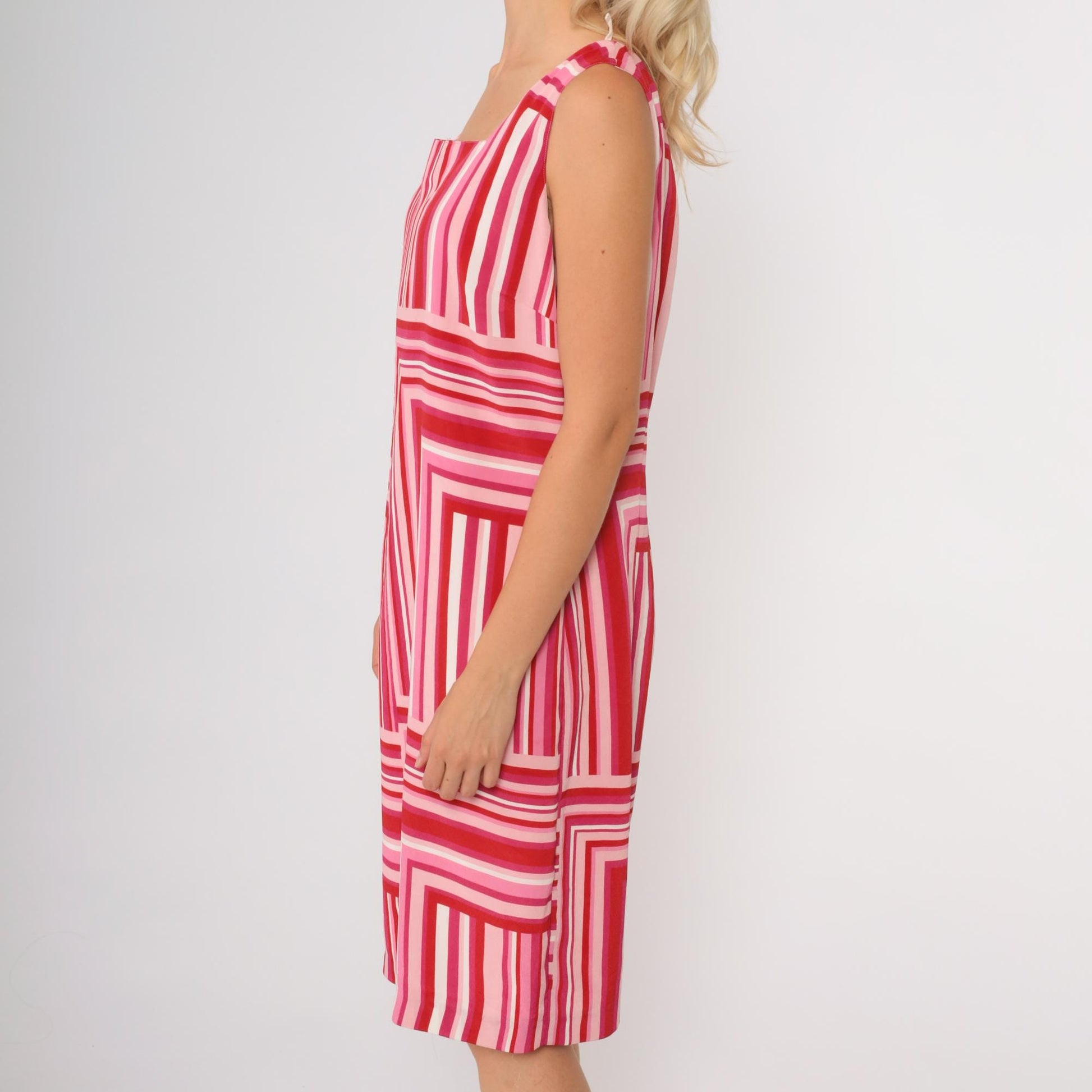 Y2K Easy Pieces New York Red Pink Striped Mini Dress Geometric Tie Straps Medium