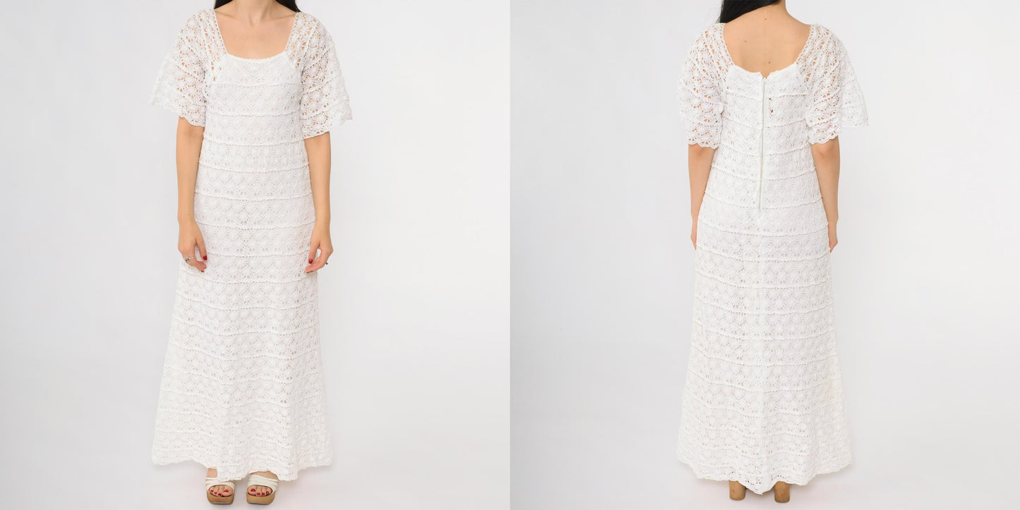 60s White Crochet Lace Maxi Dress Long Sleeve Scoop Neck Small XS
