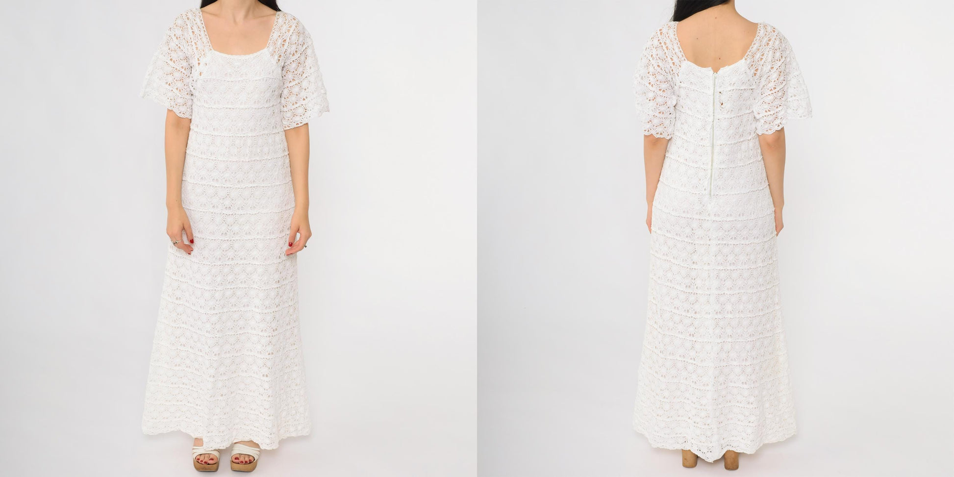 60s White Crochet Lace Maxi Dress Long Sleeve Scoop Neck Small XS