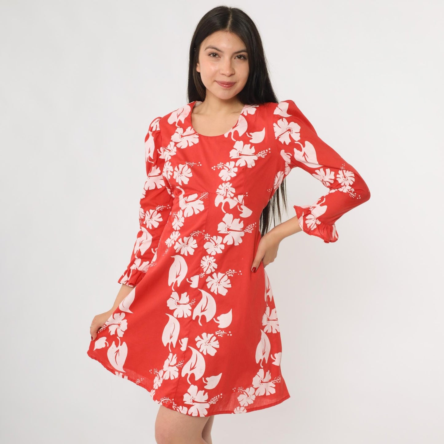 70s Hawaiian Hibiscus Floral Dress Red White Long Sleeve Ruffle Medium