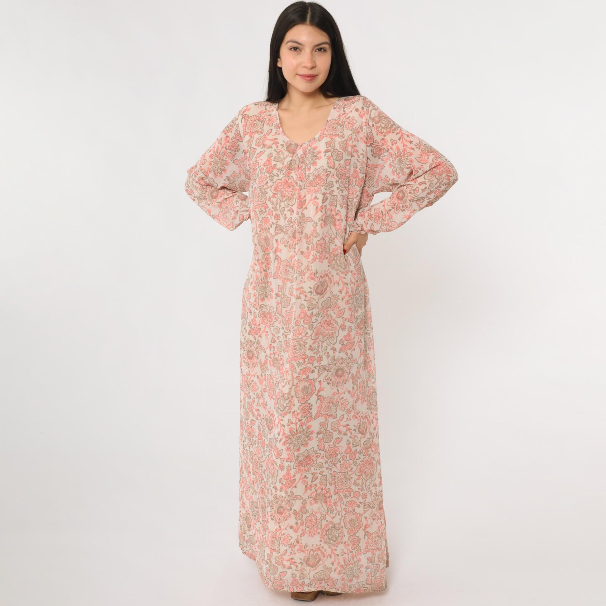 70s Paisley Floral Maxi Dress Pink Brown Long Sleeve Caftan V-Neck Medium Large
