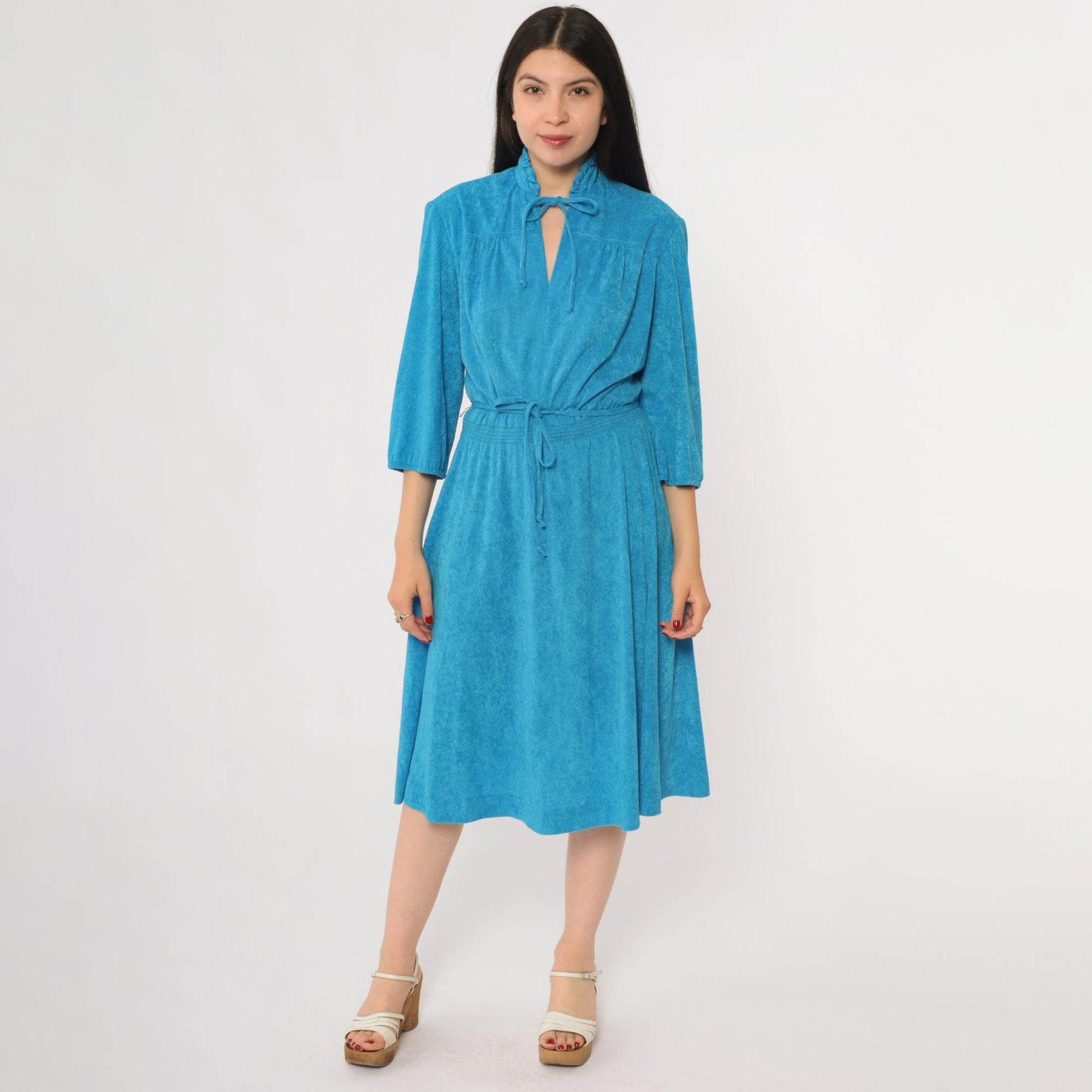 70s Blue Terrycloth Dress Ruffle Tie Front Keyhole Three Quarter Sleeve Midi Large L