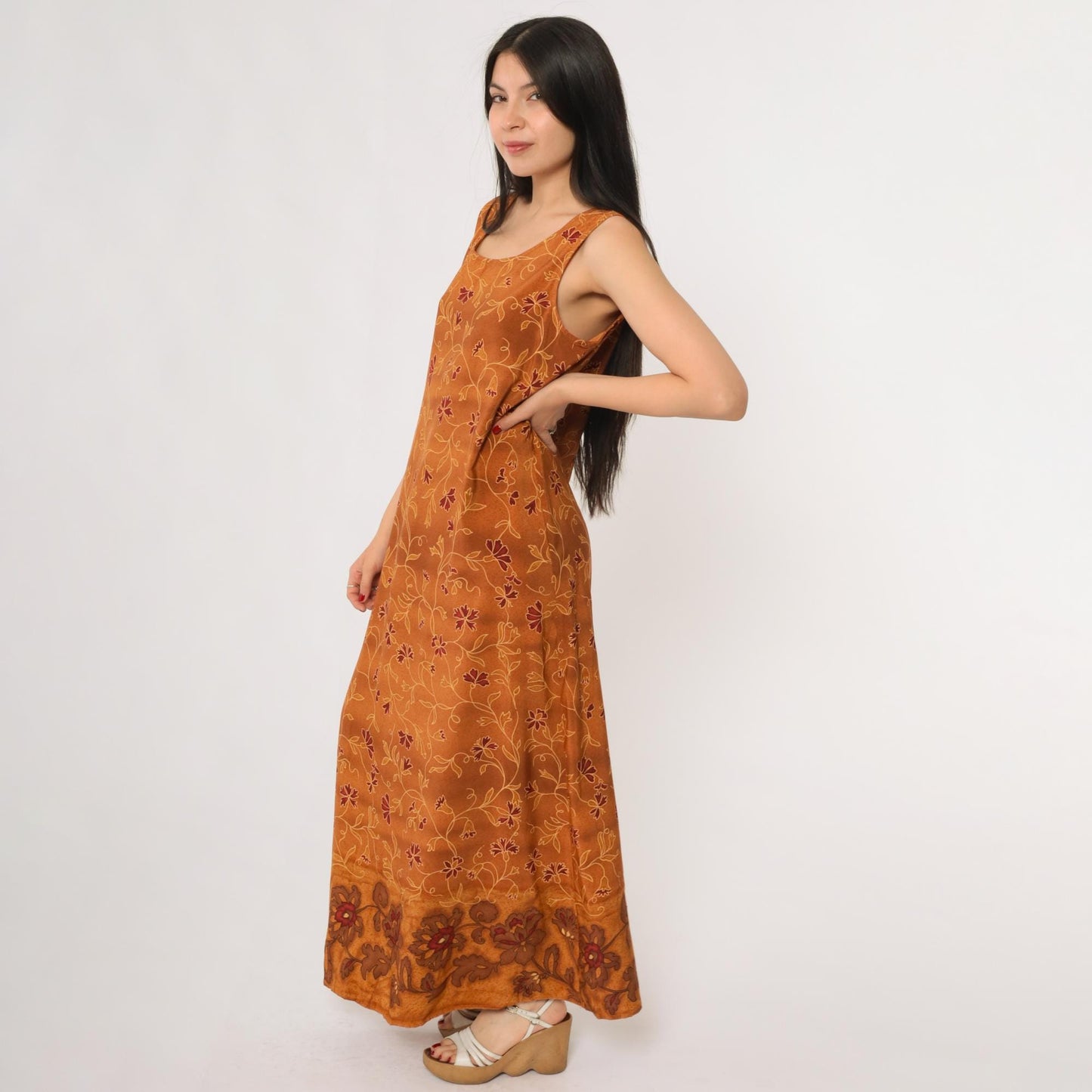 90s Burnt Sienna Floral Maxi Dress Sleeveless Tank Scoop Neck Large L
