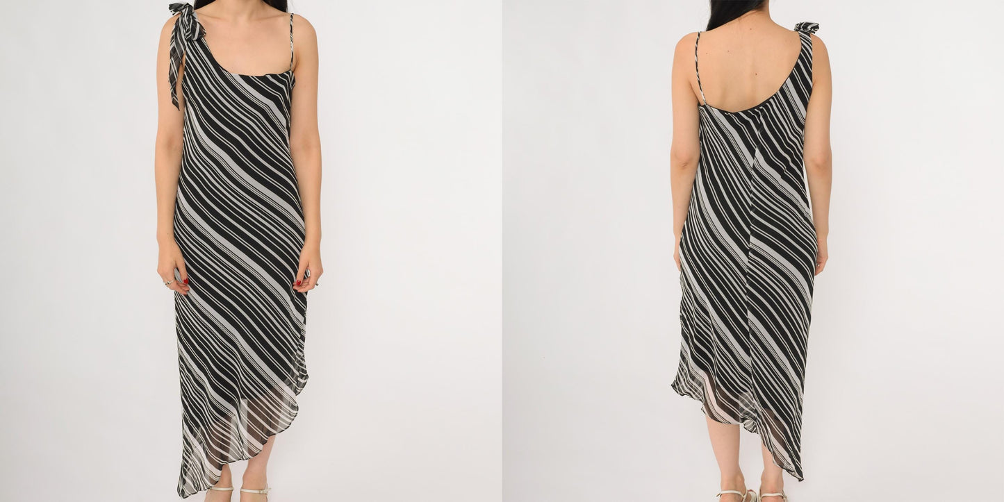Y2K Liz Minelli Black White Diagonal Stripe One-Shoulder Midi Dress Medium M