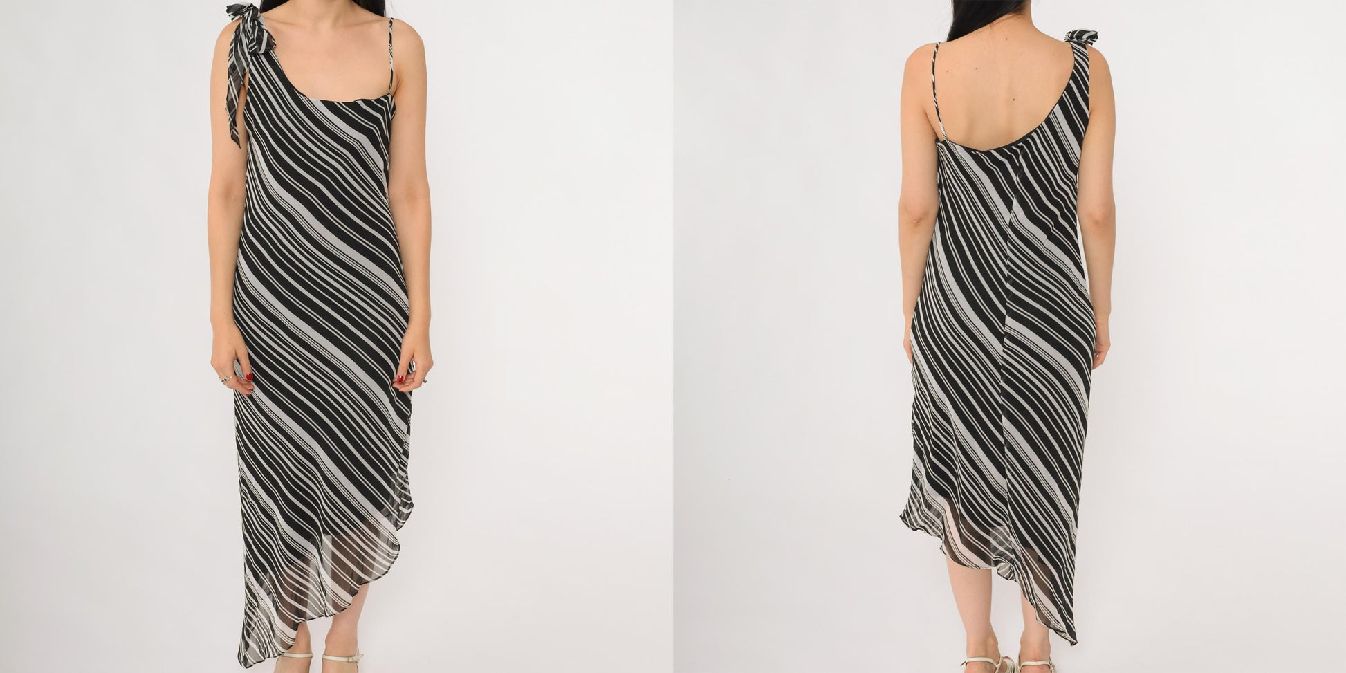 Y2K Liz Minelli Black White Diagonal Stripe One-Shoulder Midi Dress Medium M