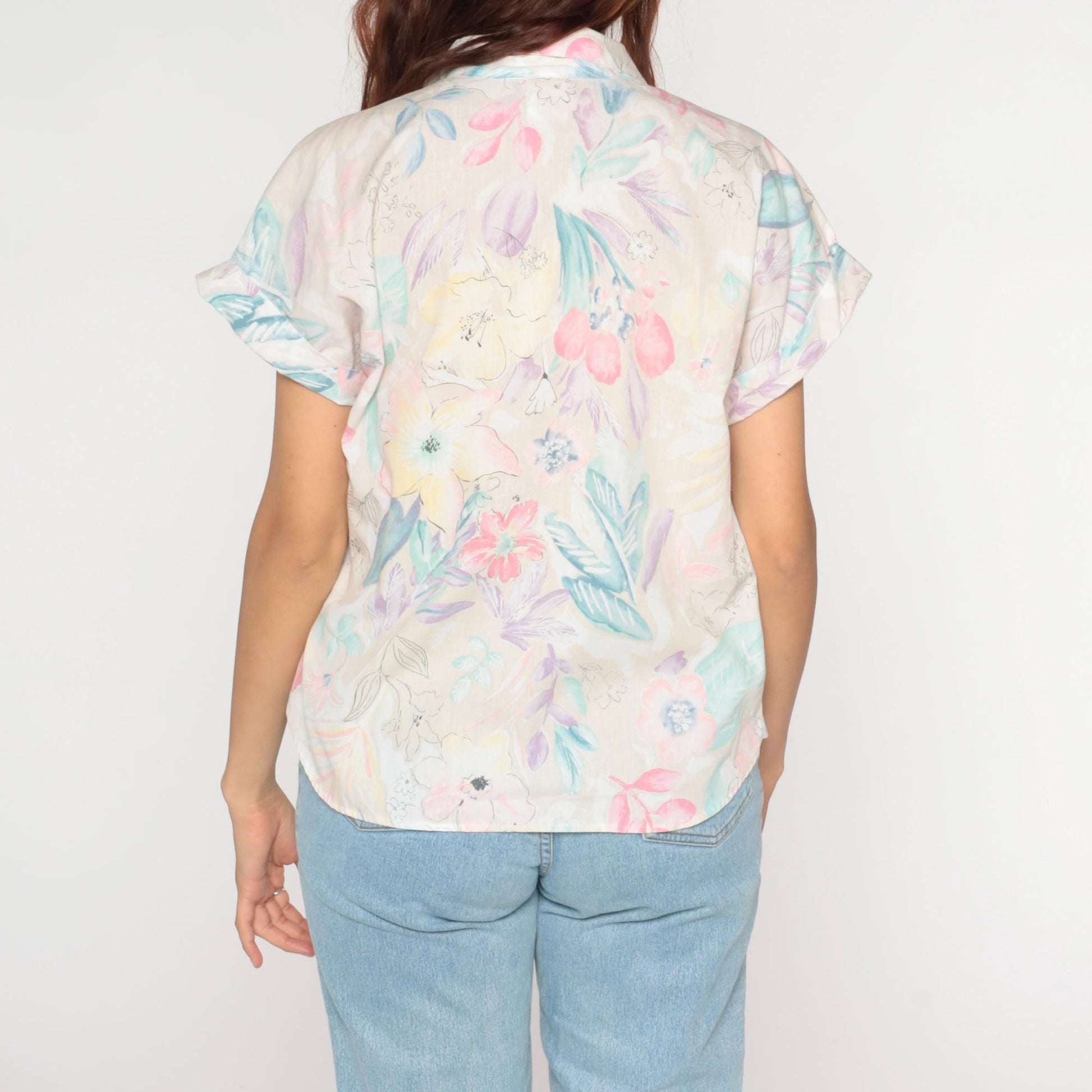 1990s Tapestry Pastel Floral Cotton Button-Up Shirt Short Sleeve Medium