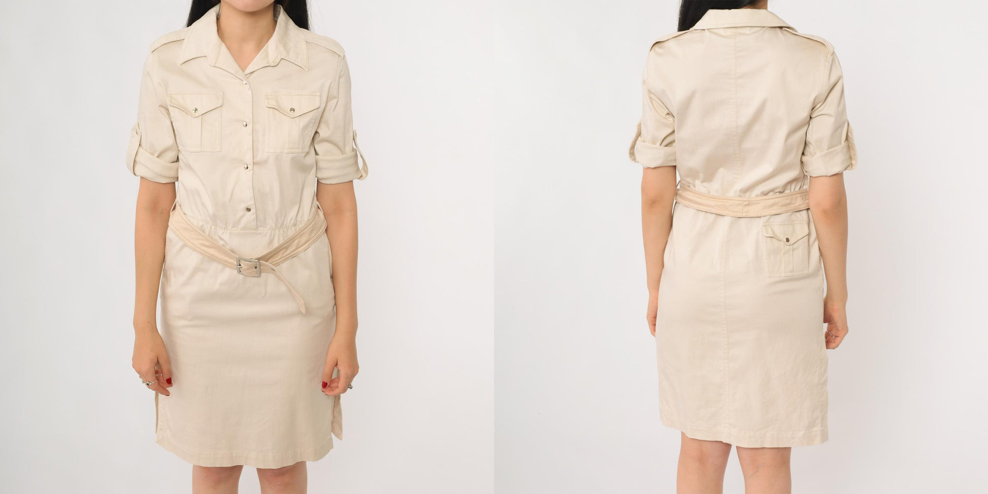 90s Safari Shirt Dress Beige Belted Utility Pockets Collared Midi Petite 8