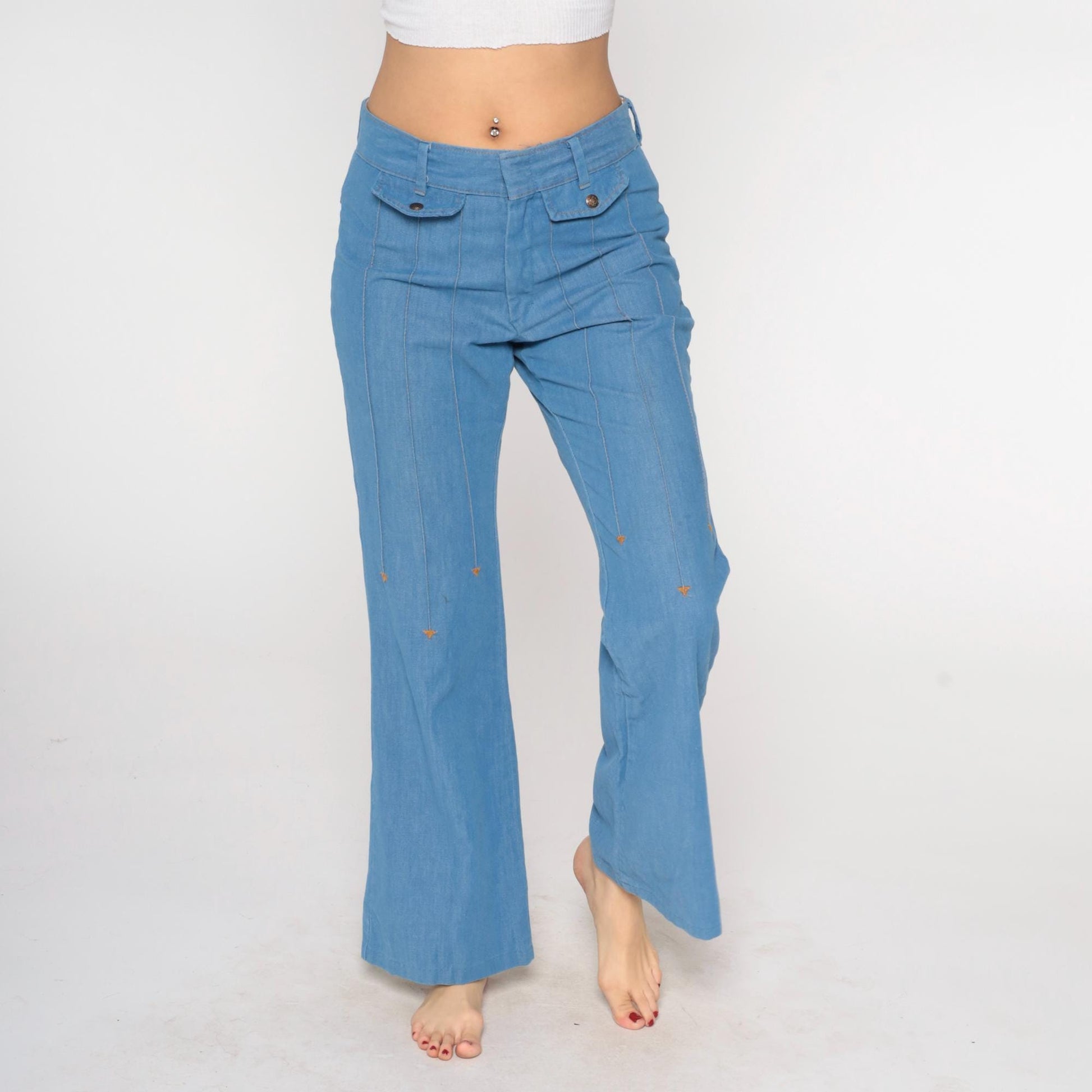 70s Sears Light Blue Flare Jeans High Waist Bell Bottom Denim 33x32