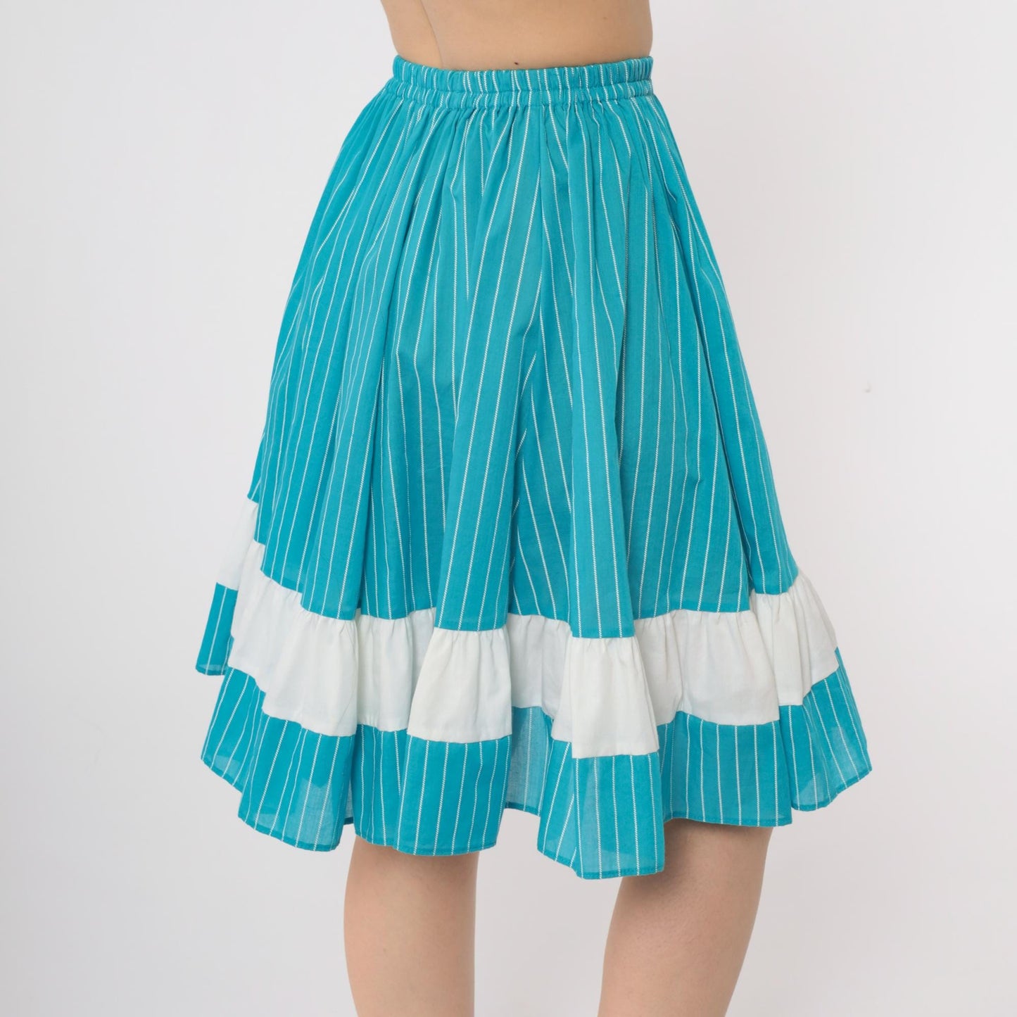 80s Kate Schorer Turquoise Striped Tiered Prairie Skirt Cotton Small