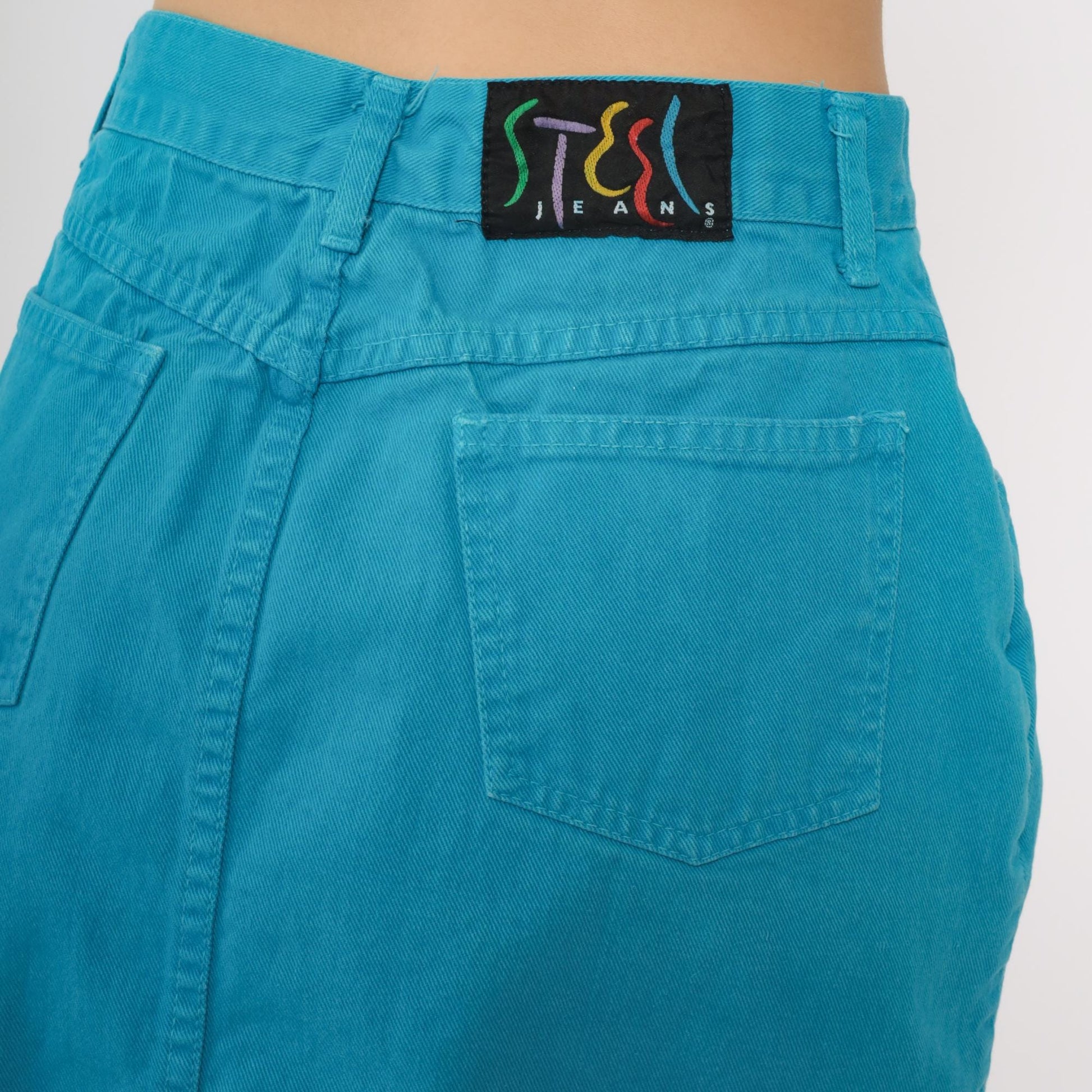 90s Steel Jeans Turquoise Denim Mini Skirt High Waisted A-Line Size 13
