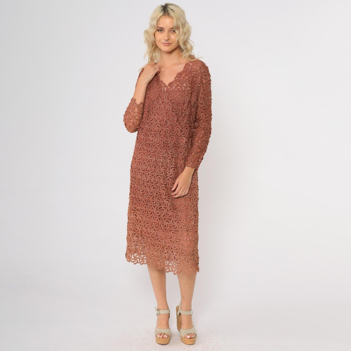 70s Copper Brown Metallic Lace Cocktail Dress Long Sleeve Scalloped Midi Medium