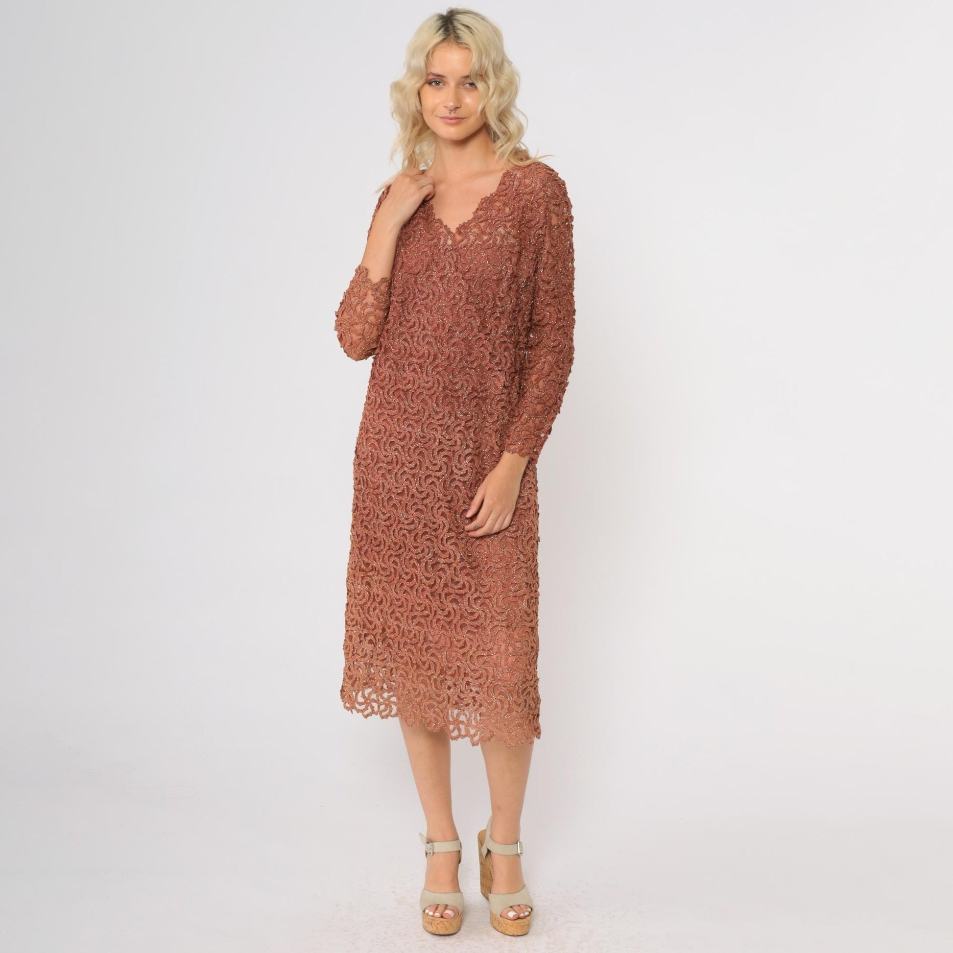 70s Copper Brown Metallic Lace Cocktail Dress Long Sleeve Scalloped Midi Medium