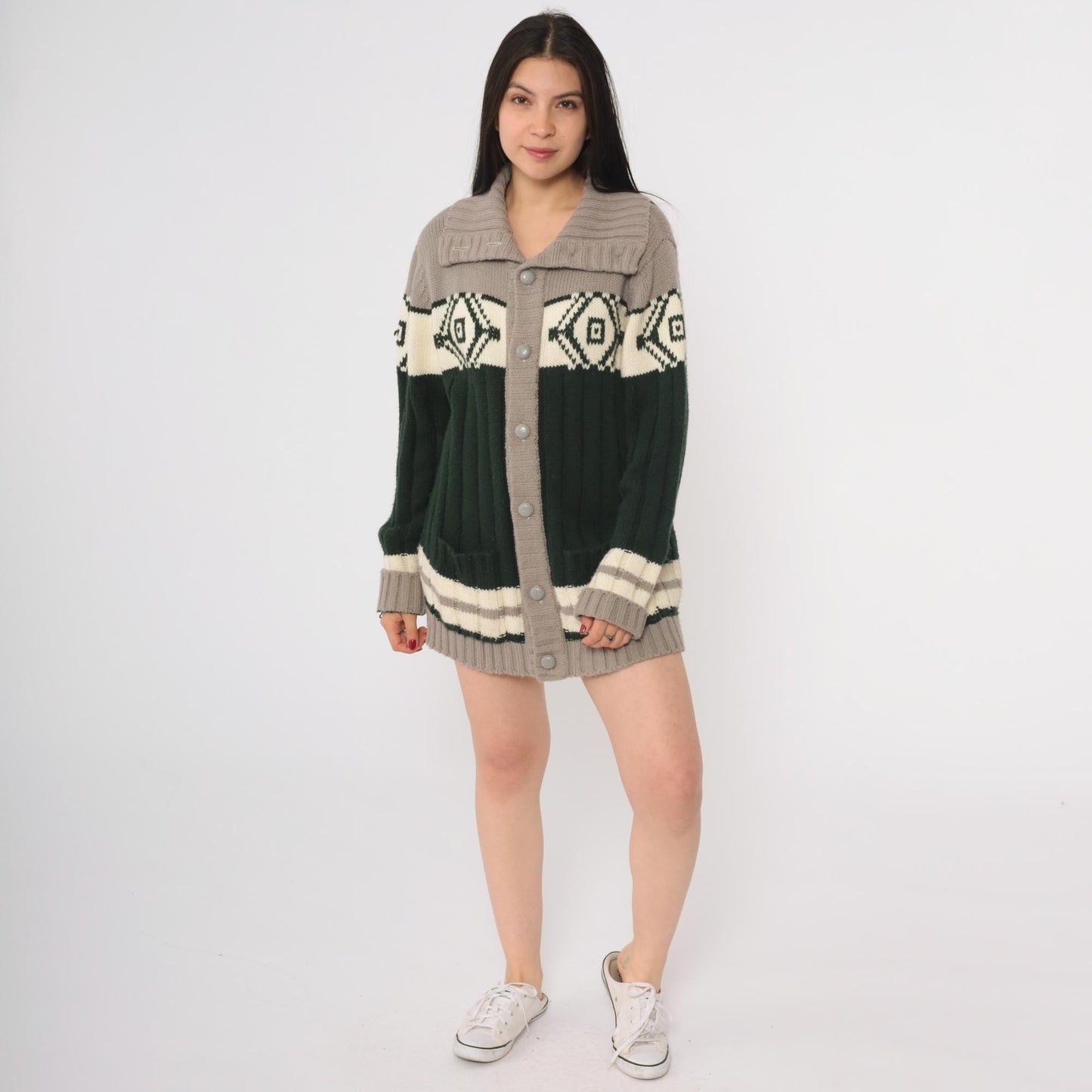 70s Sigallo Cardigan Sweater Taupe Green Diamond Shawl Collar Large L