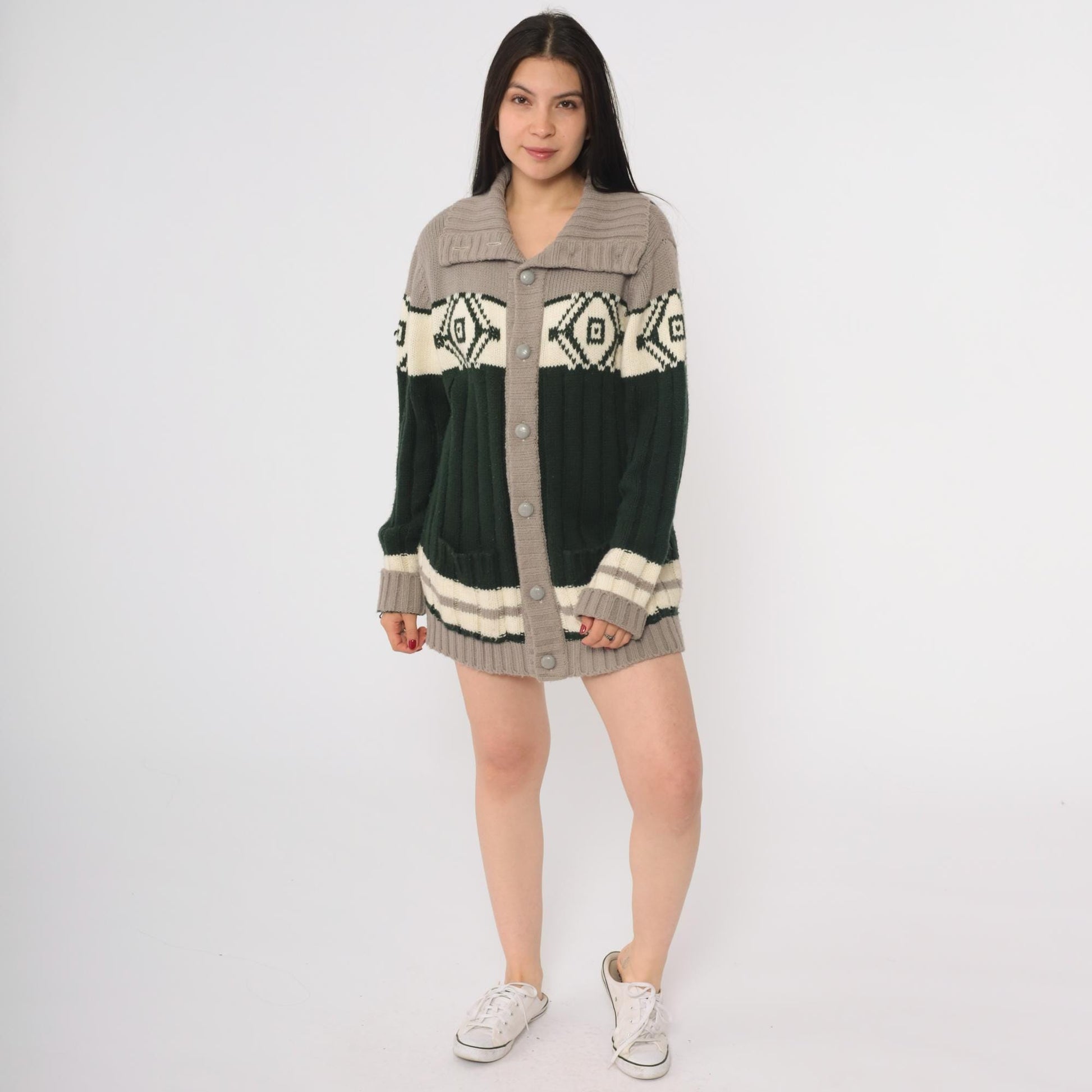 70s Sigallo Cardigan Sweater Taupe Green Diamond Shawl Collar Large L