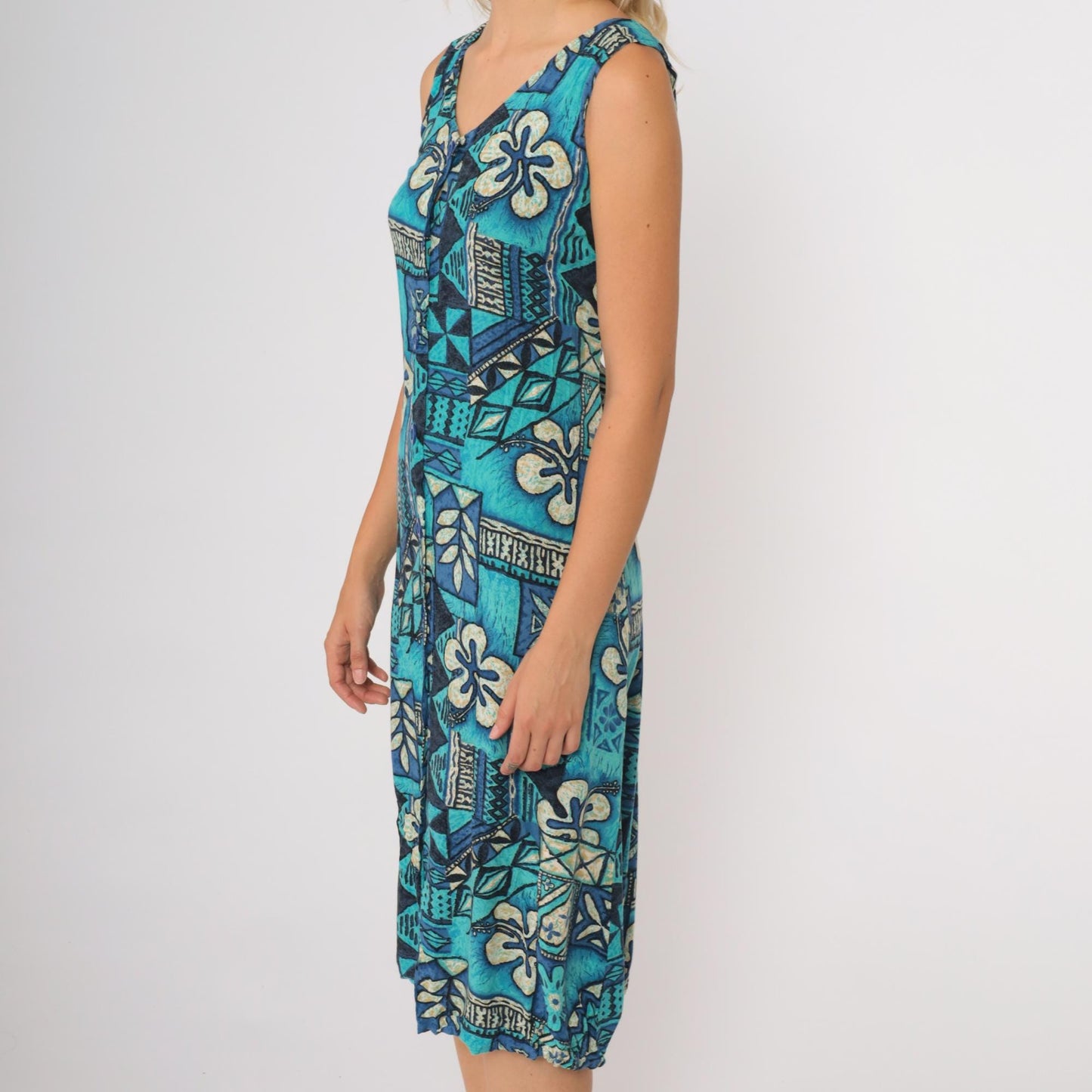 90s Blue Tropical Floral Midi Dress Sleeveless V Neck Hawaiian Print XS