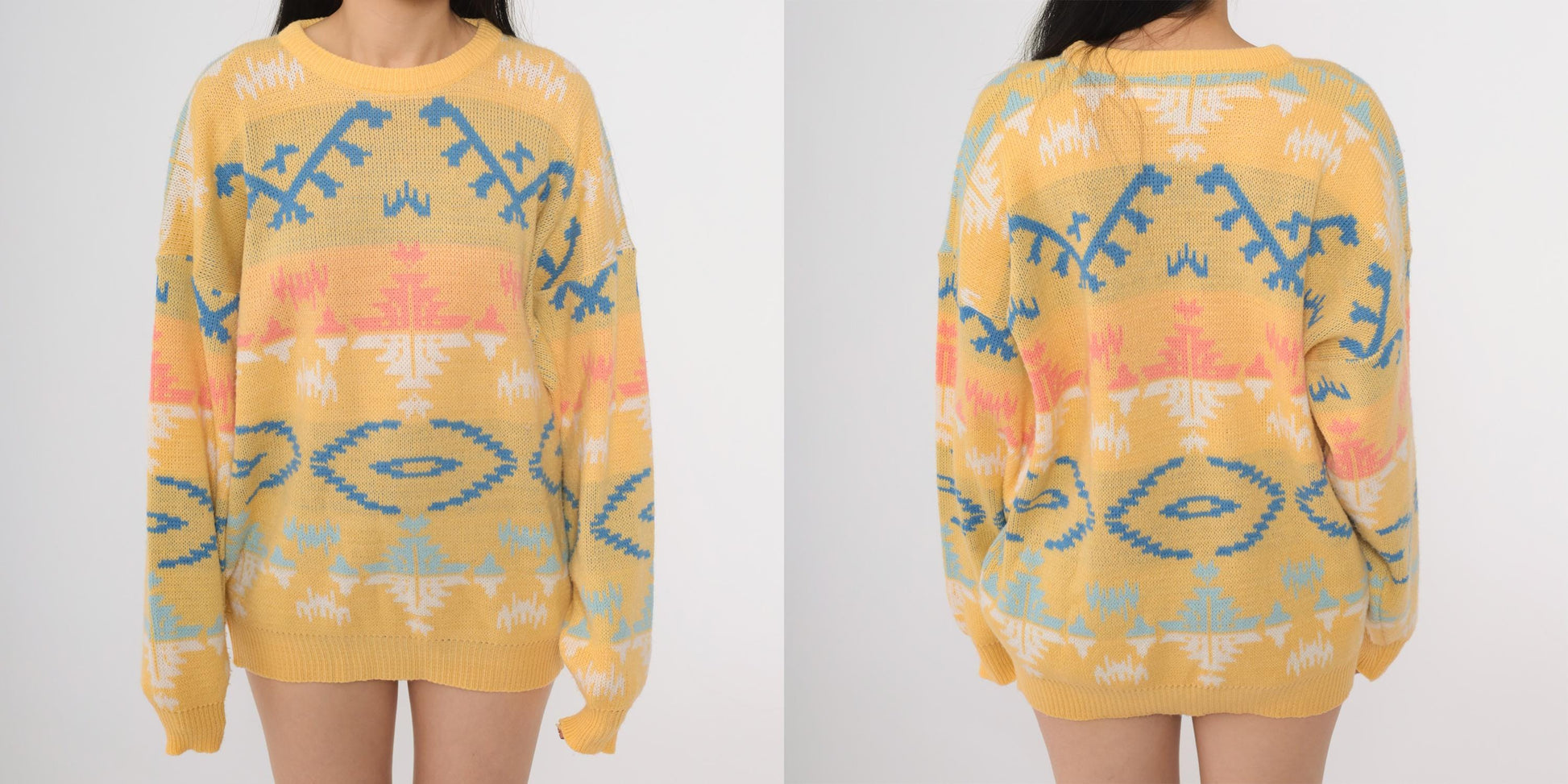 90s Joan Harper Geometric Tribal Sweater Yellow Blue Pink Large L