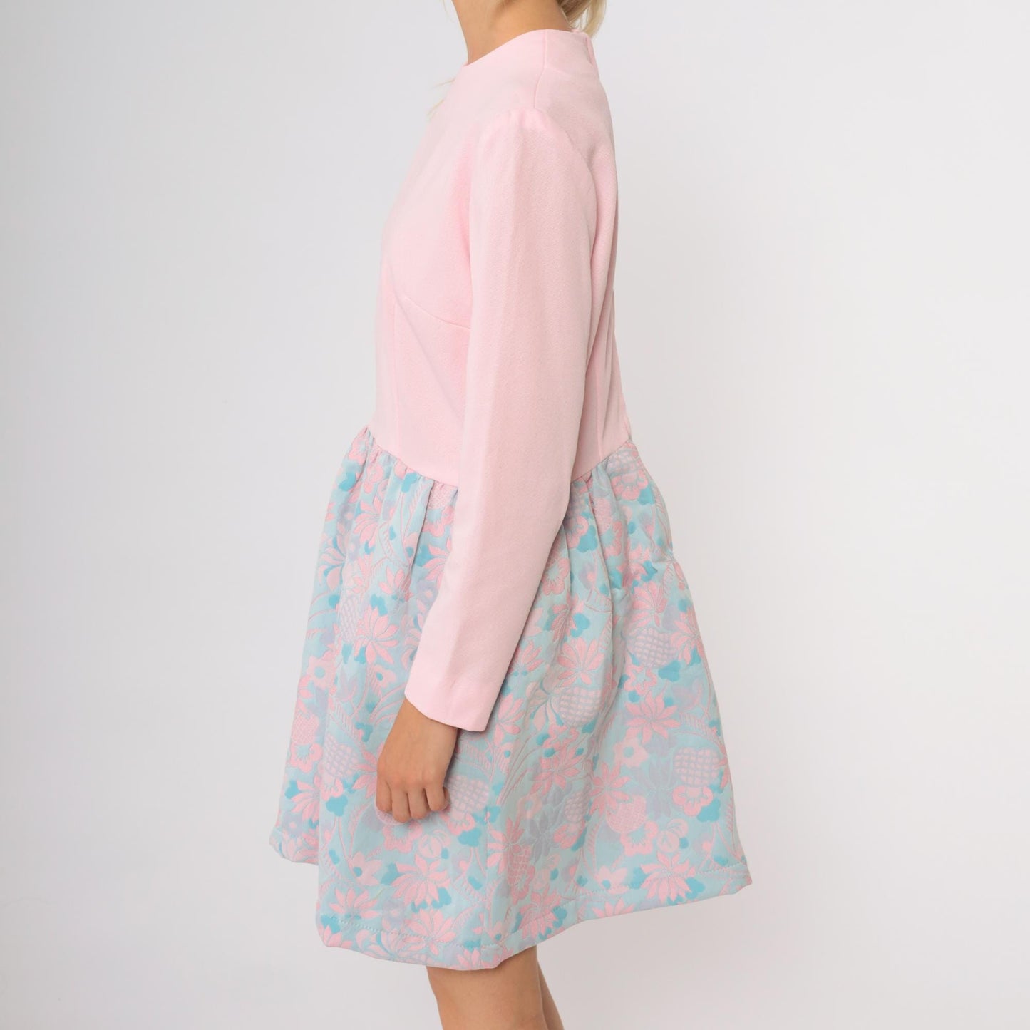 70s Pink Aqua Floral Mini Dress Long Sleeve Mock Neck A-Line Large
