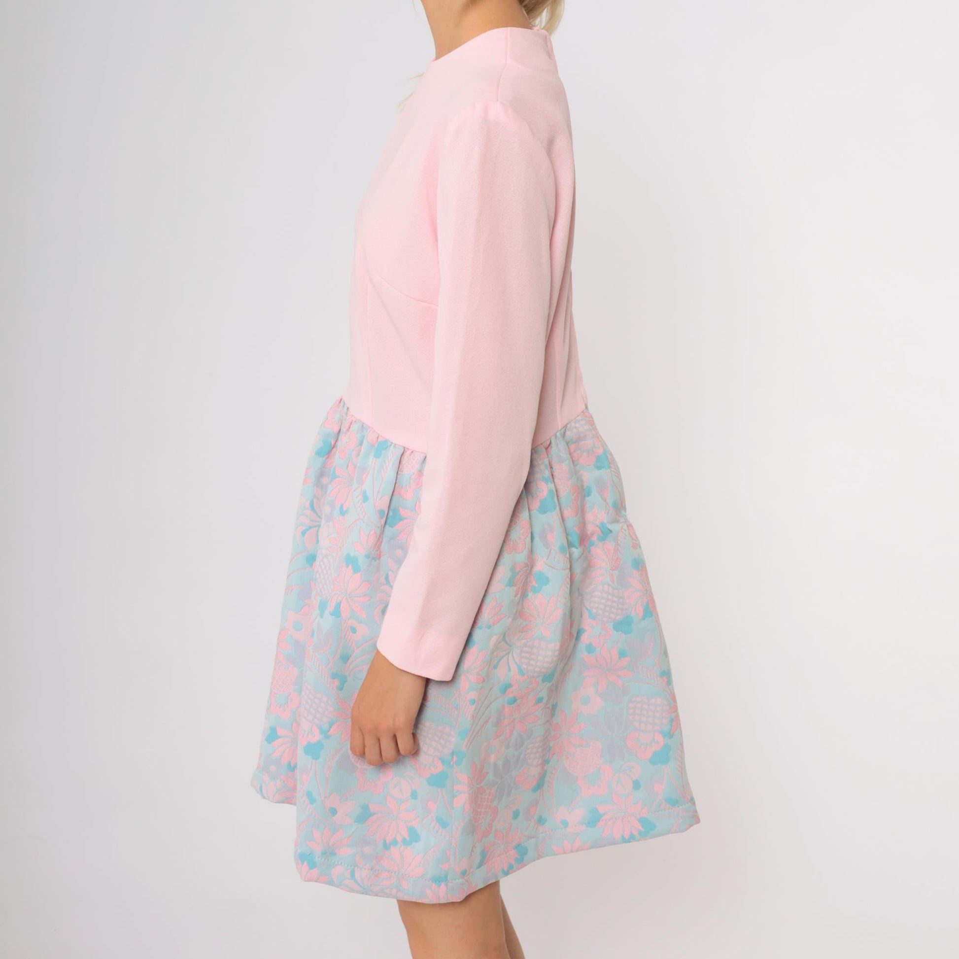 70s Pink Aqua Floral Mini Dress Long Sleeve Mock Neck A-Line Large