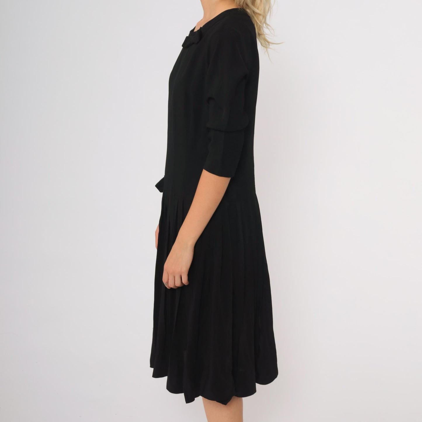 50s Black Pleated Midi Dress Drop Waist Bow Detail Round Neck Medium M