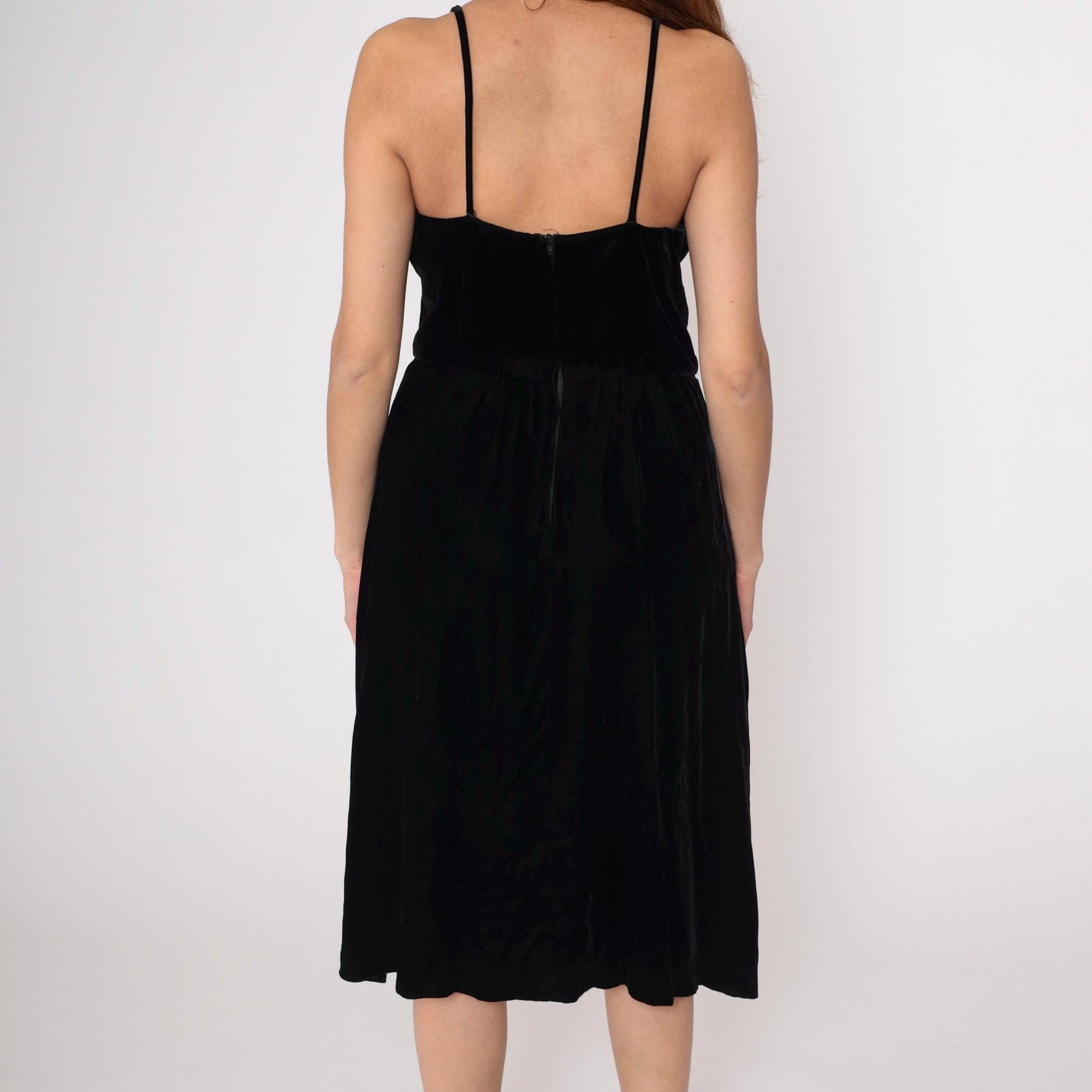 90s Black Velvet Midi Dress Spaghetti Strap Scoop Neck Large L