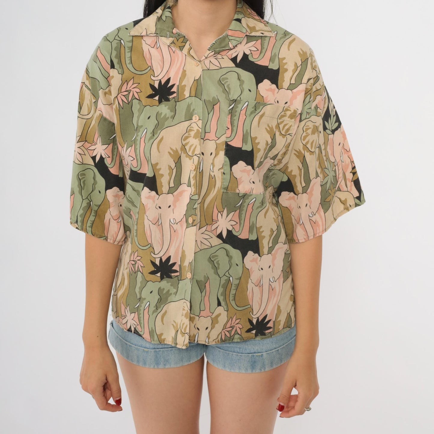 90s Soho Elephant Print Shirt Cotton Button Front Small