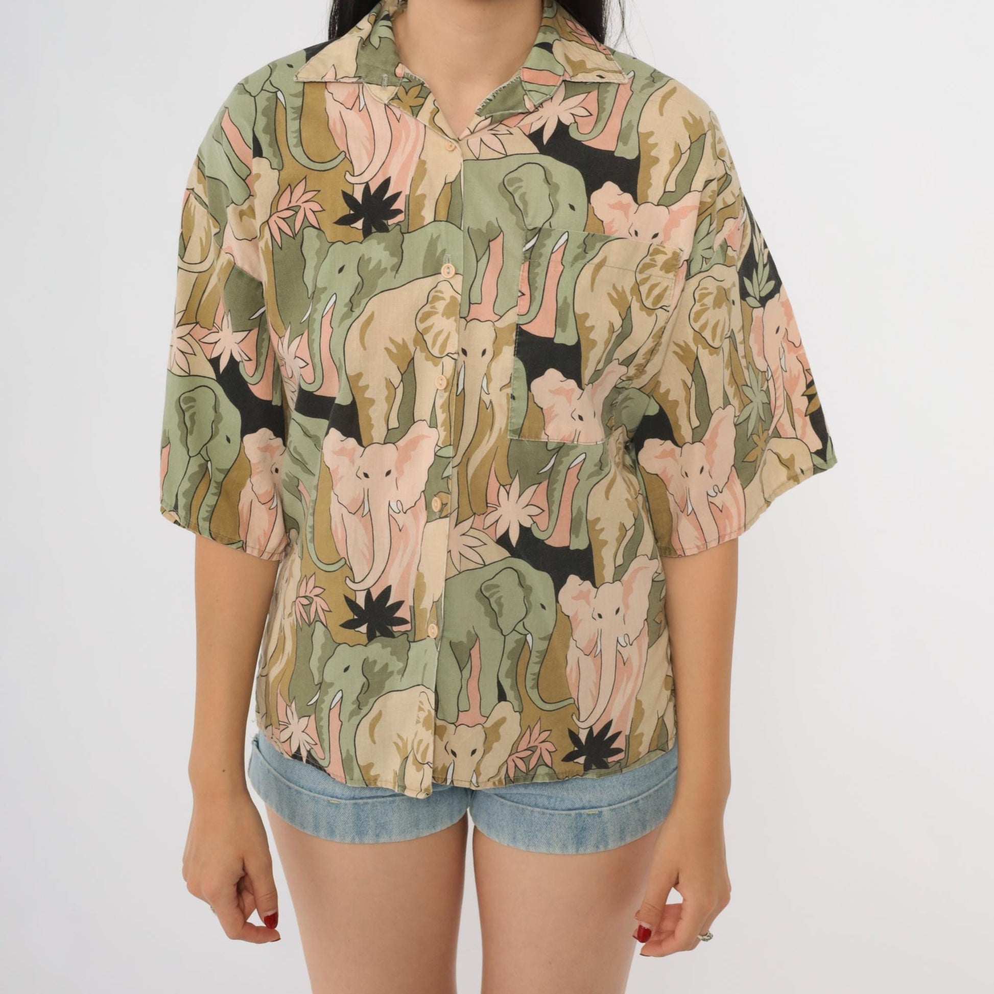 90s Soho Elephant Print Shirt Cotton Button Front Small