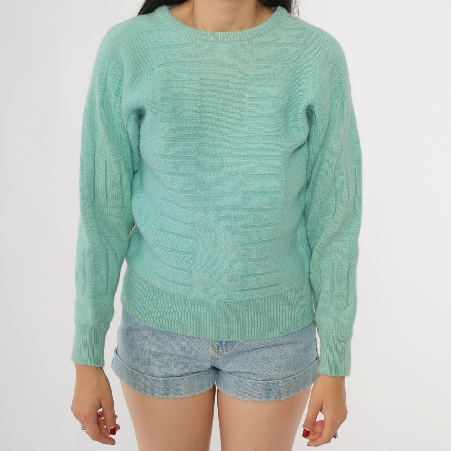 80s Kaelin Mint Green Wool Crew Neck Pullover Textured Knit Small S
